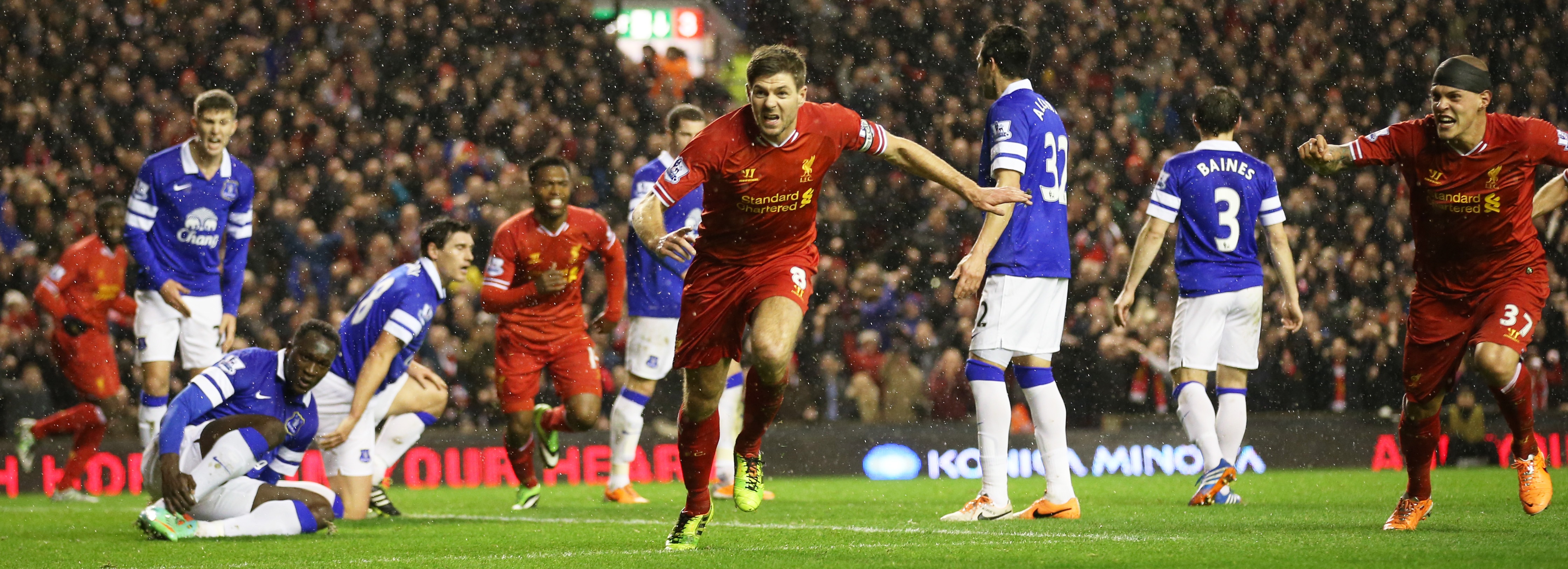 Football - Liverpool v Everton - Barclays Premier League - Anfield - 28/1/14 Liverpool's Steven Gerrard celebrates scoring their first goal  Mandatory Credit: Action Images / Carl Recine Livepic EDITORIAL USE ONLY. No use with unauthorized audio, video, data, fixture lists, club/league logos or ?live? services. Online in-match use limited to 45 images, no video emulation. No use in betting, games or single club/league/player publications.  Please contact your account representative for further details.