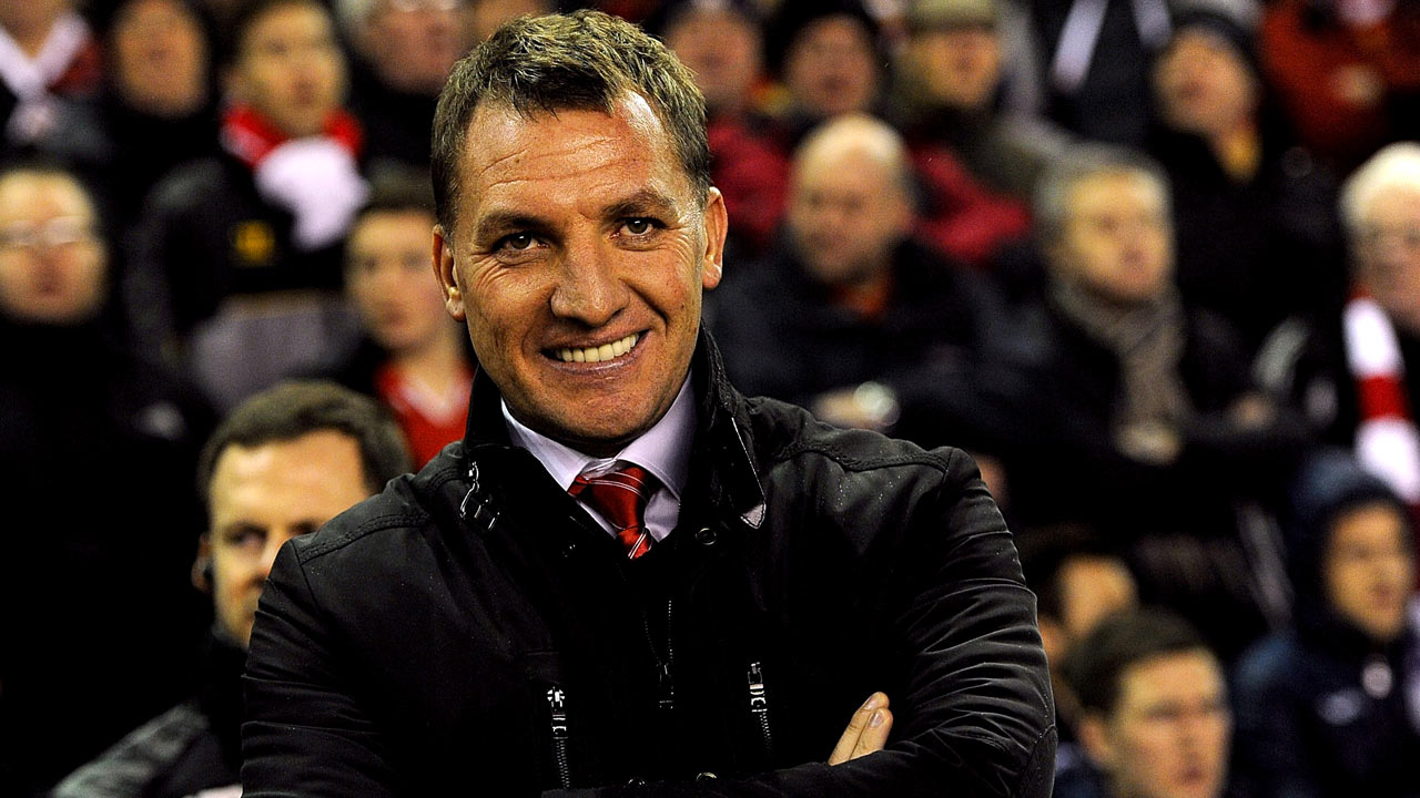 Brendan Rodgers manager of Liverpool smiles before the Barclays Premier League Match between Liverpo