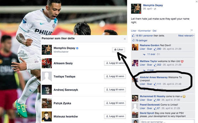 Memphis Depay PSV Eindhoven Facebook Like