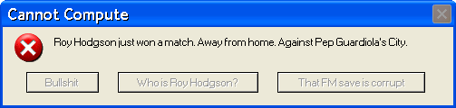 Liverpool fan's operating systems encounter an error when trying to process a Roy Hodgson away win.