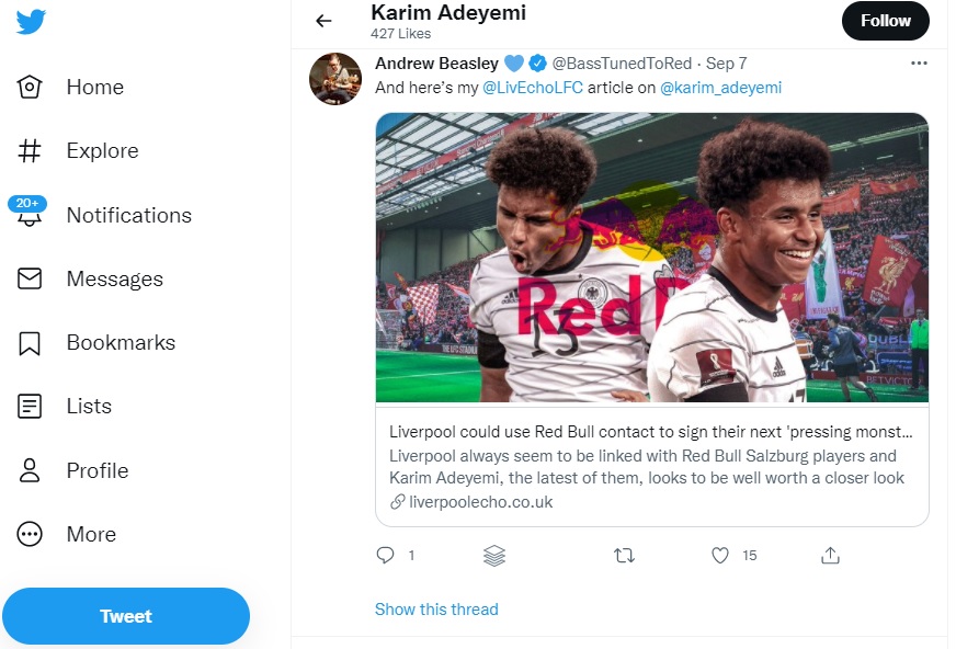 Adeyemi, Liverpool, Twitter