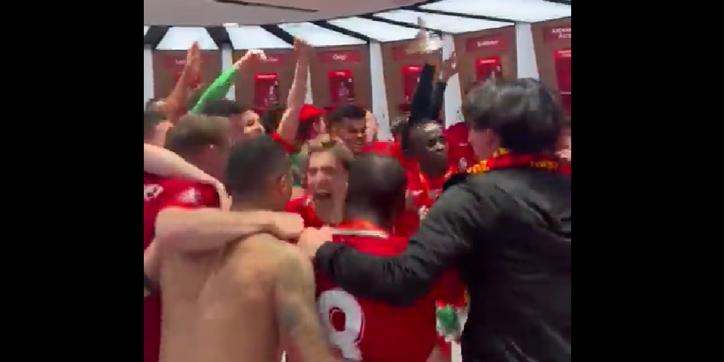 (Video) Liverpool repeat epic Carabao Cup Wembley dressing room celebrations as ‘Freed from Desire’ blasts out