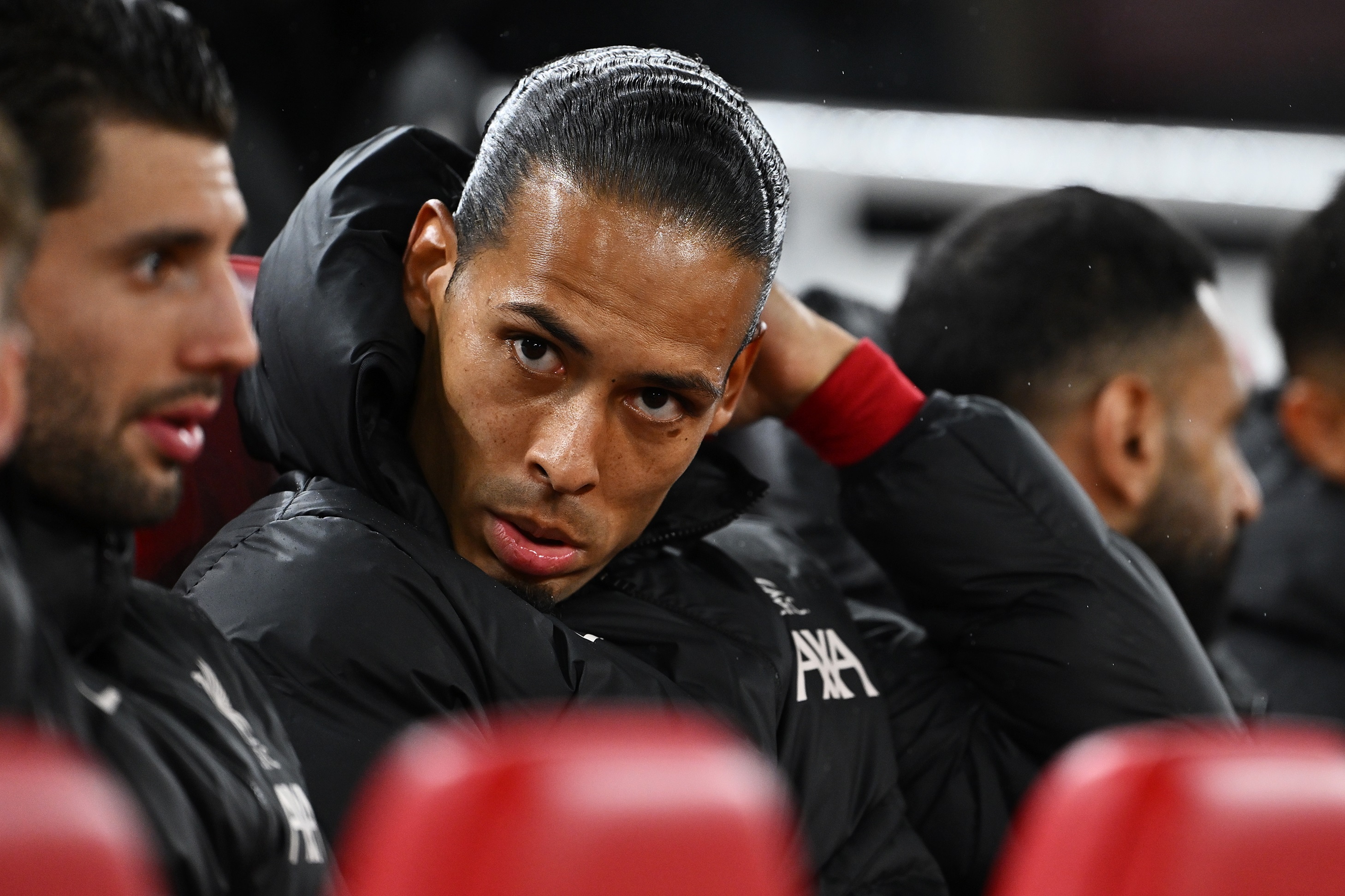 Van Dijk, Redknapp, Liverpool Virgil van Dijk on the bench for Liverpool during the Carabao Cup win against West Ham