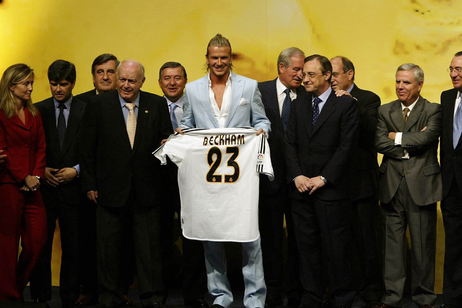 David Beckham is presented to the press at the Real Madrid press conference announcing his signing to Real Madrid on July 2, 2003