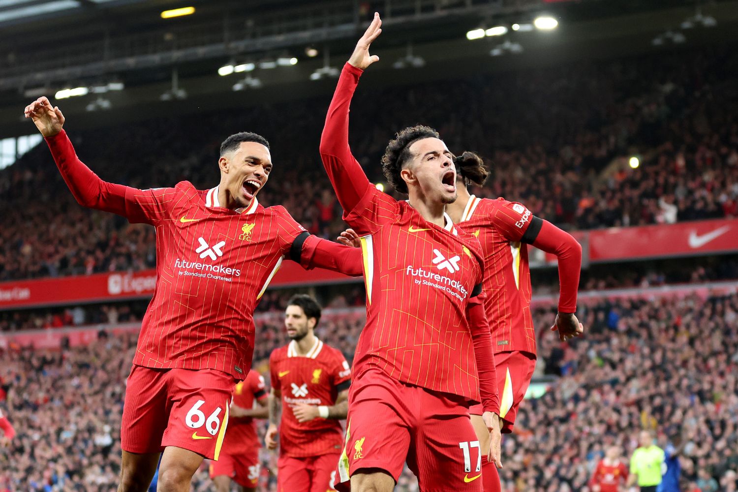 Curtis Jones celebrates scoring against Chelsea