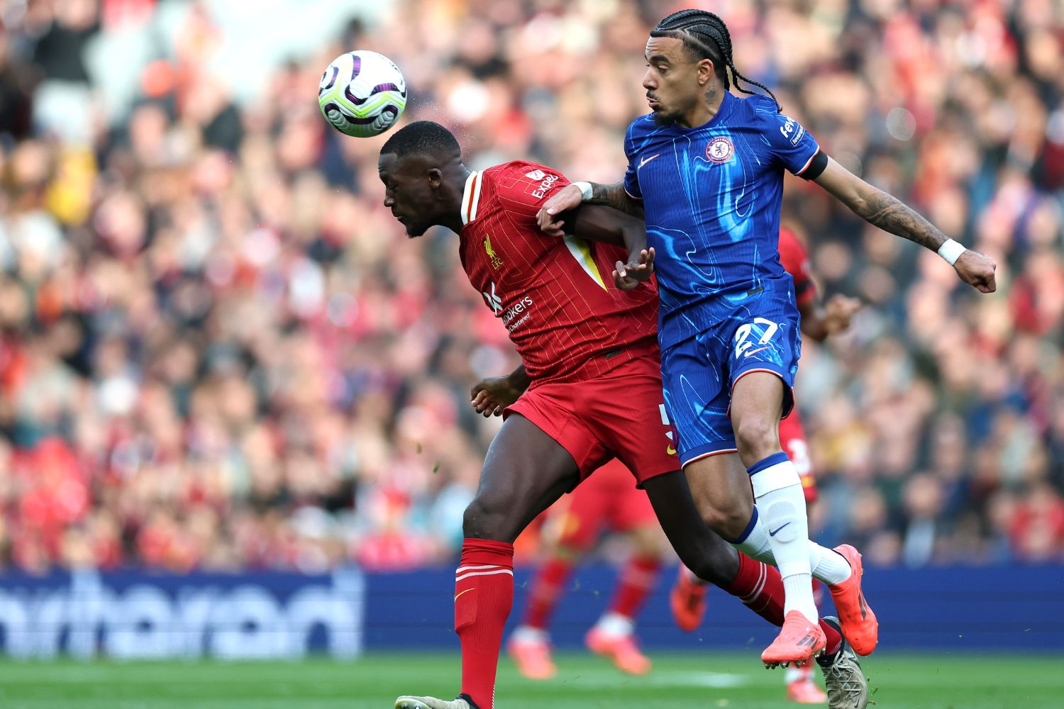 Ibou Konate battles with Chelsea's Malo Gusto