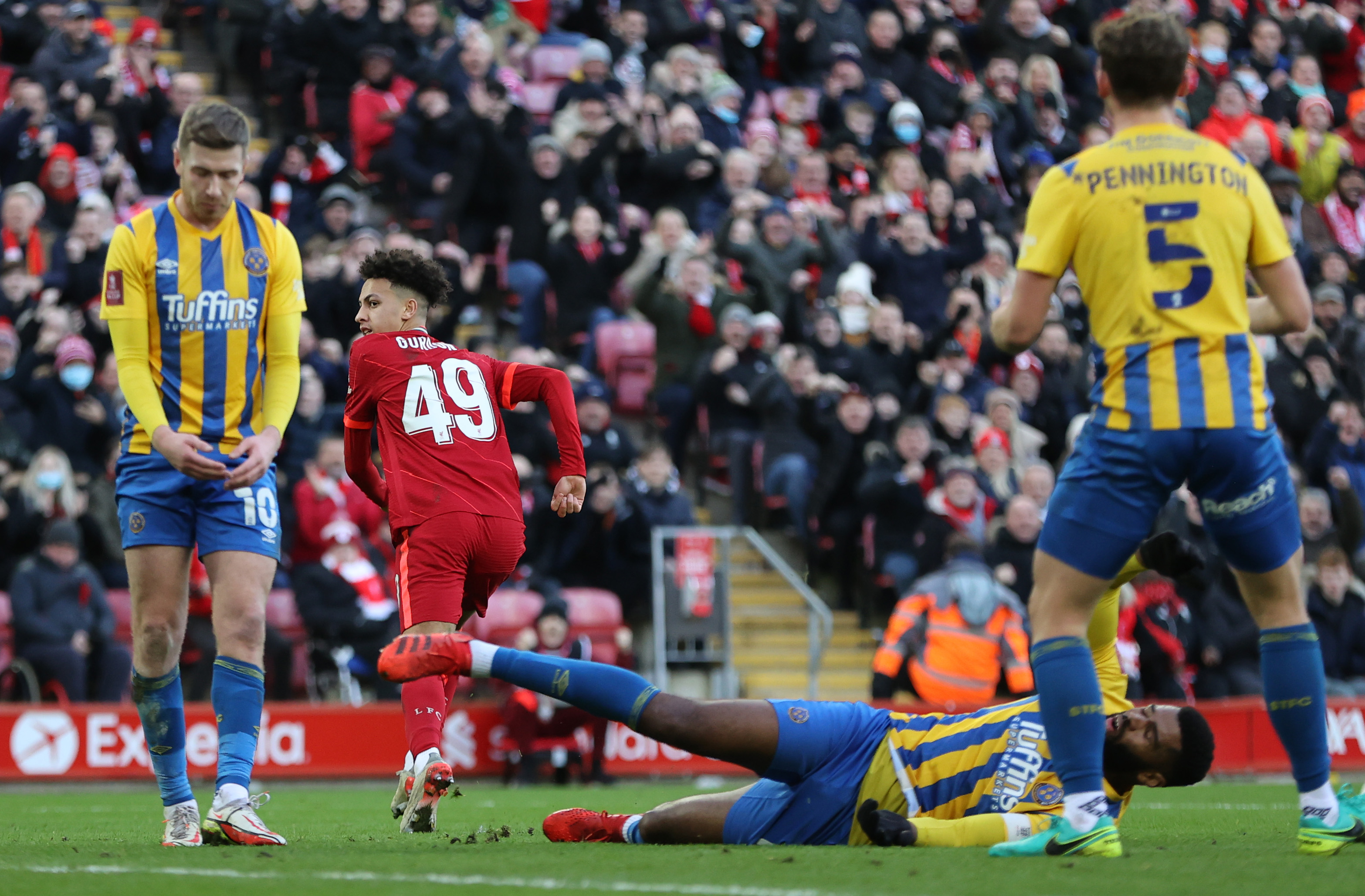 Kaide Gordon scored his first Liverpool goal against Shrewsbury in 2022