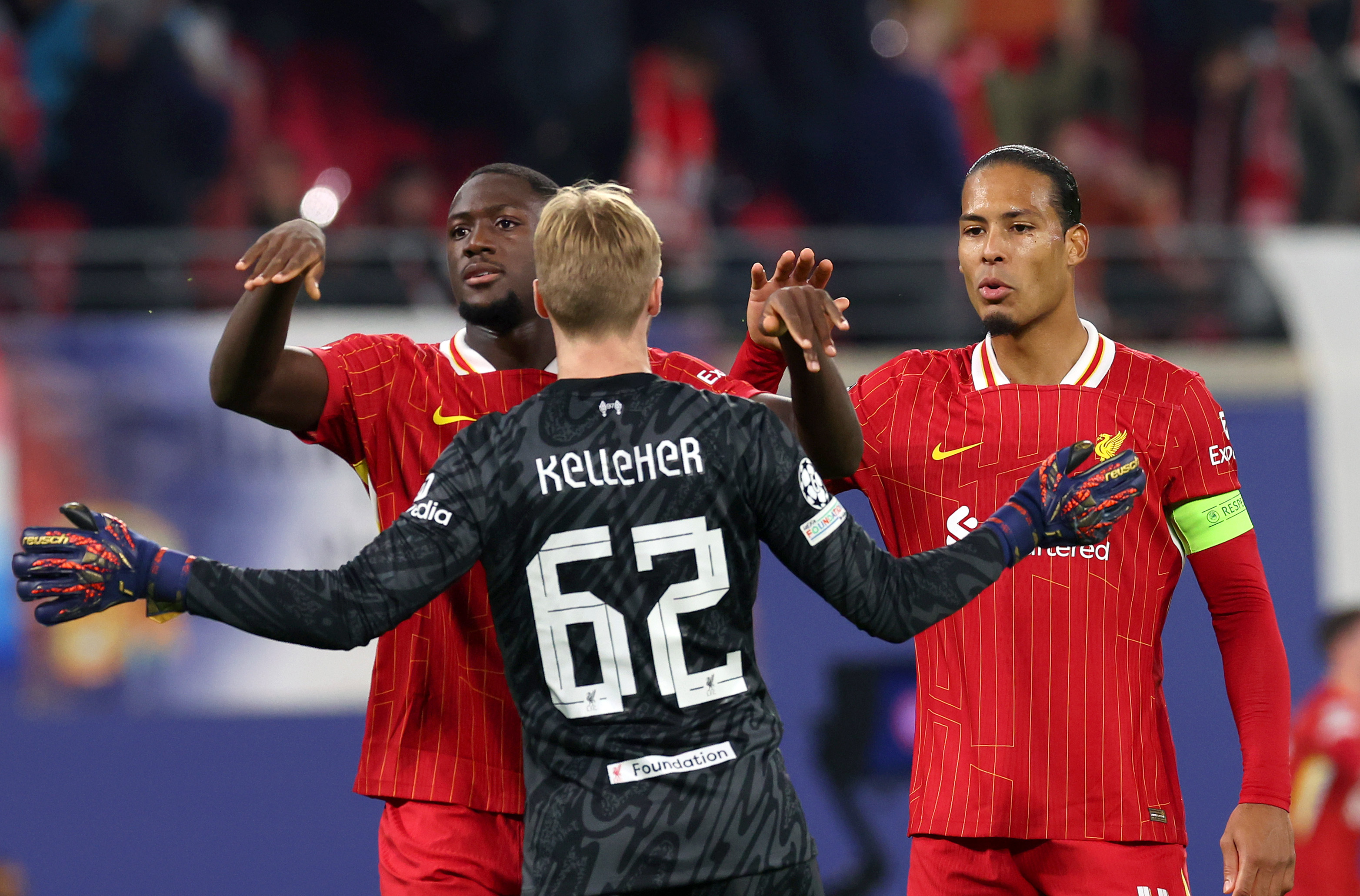 Liverpool celebrate their 1-0 win over RB Leipzig