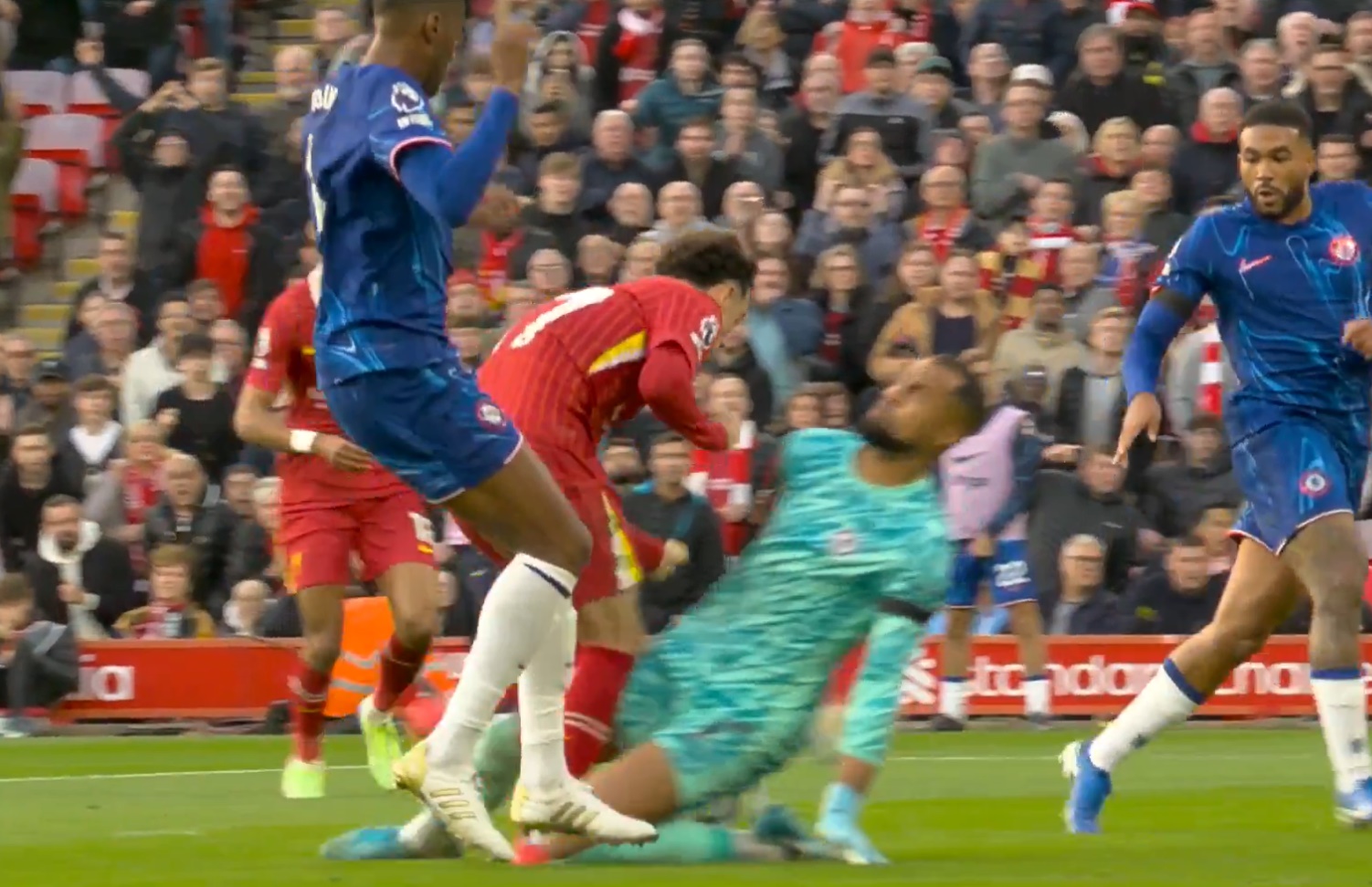 Robert Sanchez clatters into Curtis Jones, but the penalty decision was overturned by VAR