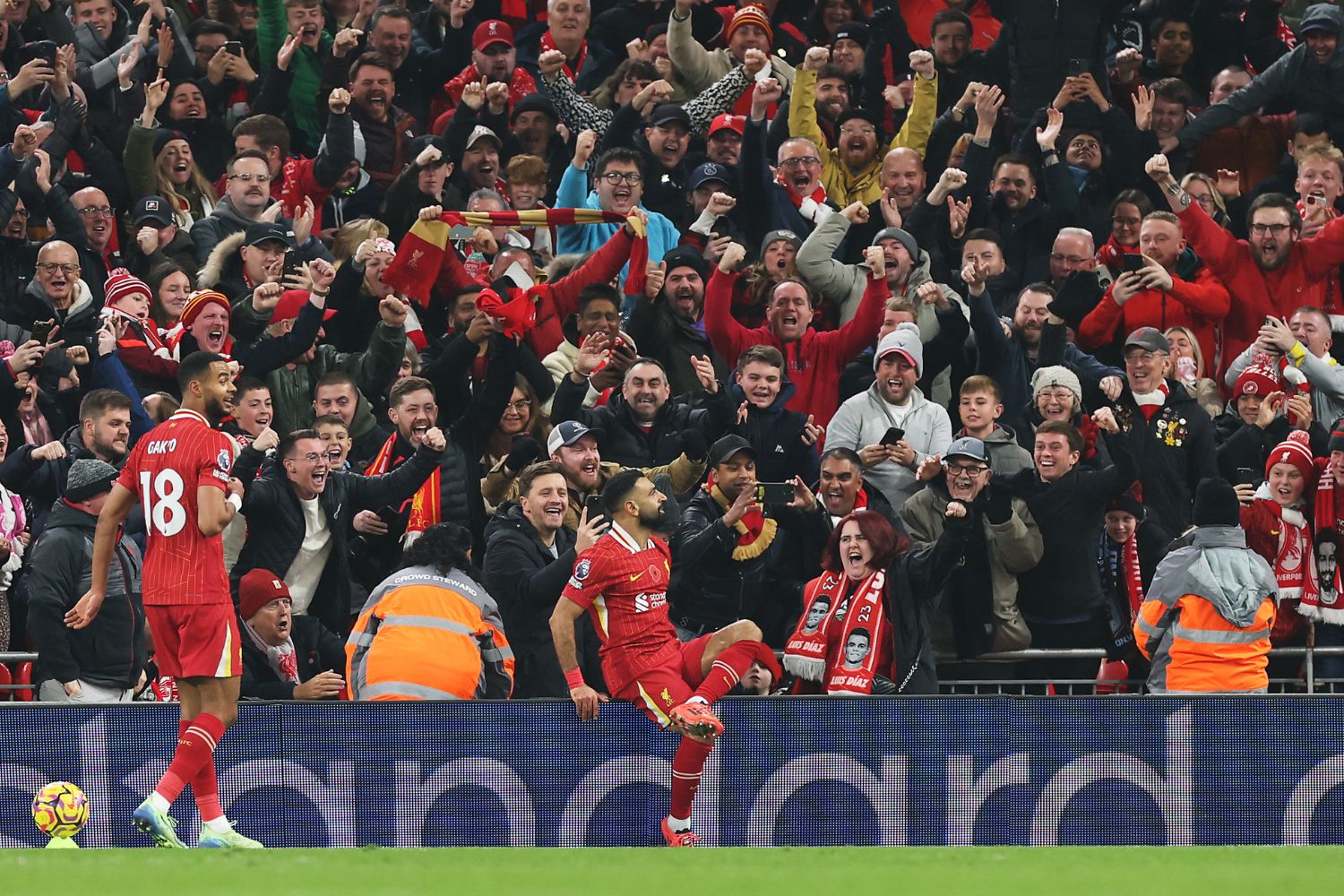 Mo Salah celebrates scoring for Liverpool against Aston Villa