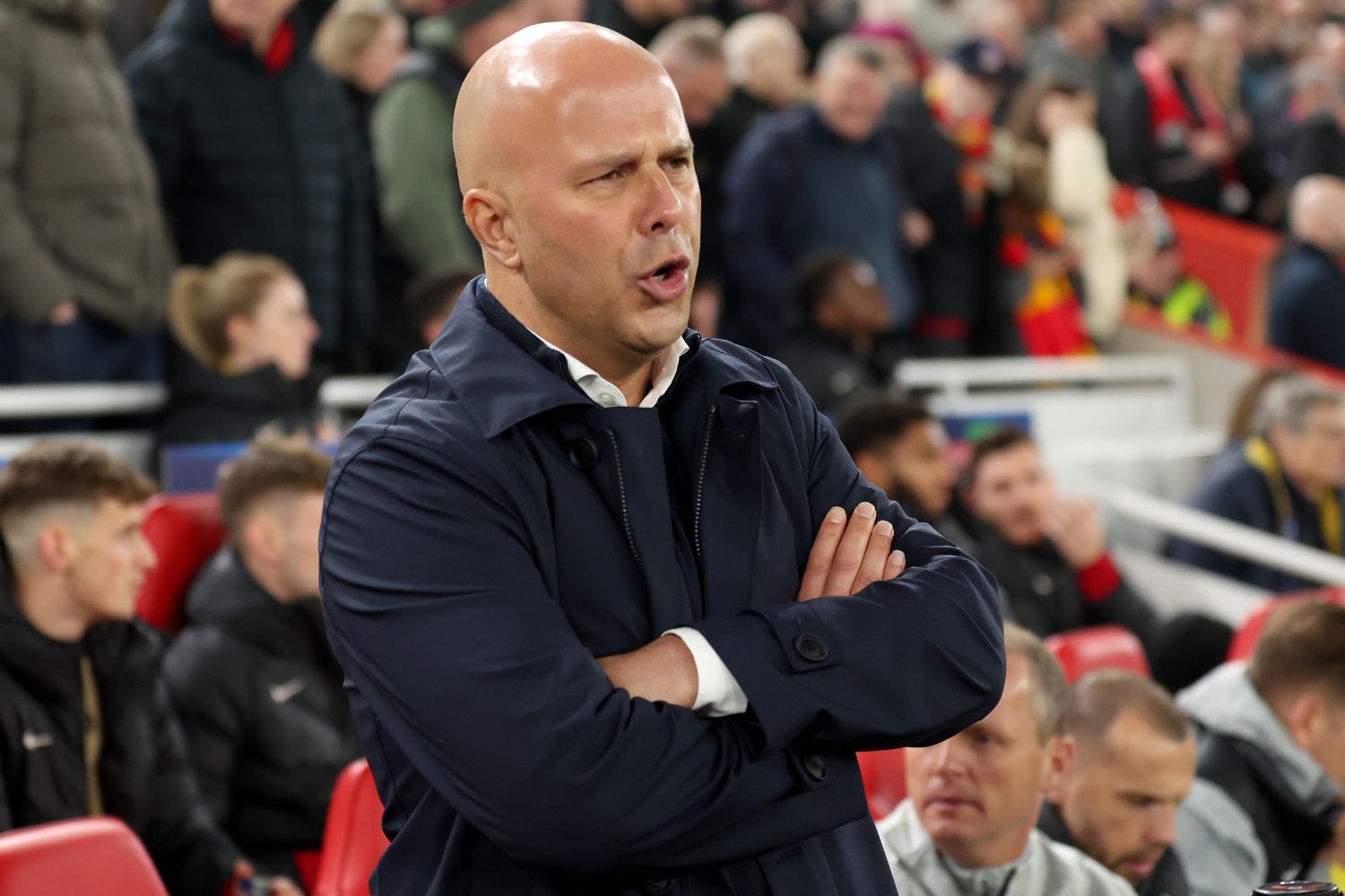Arne Slot watches Liverpool play at Anfield