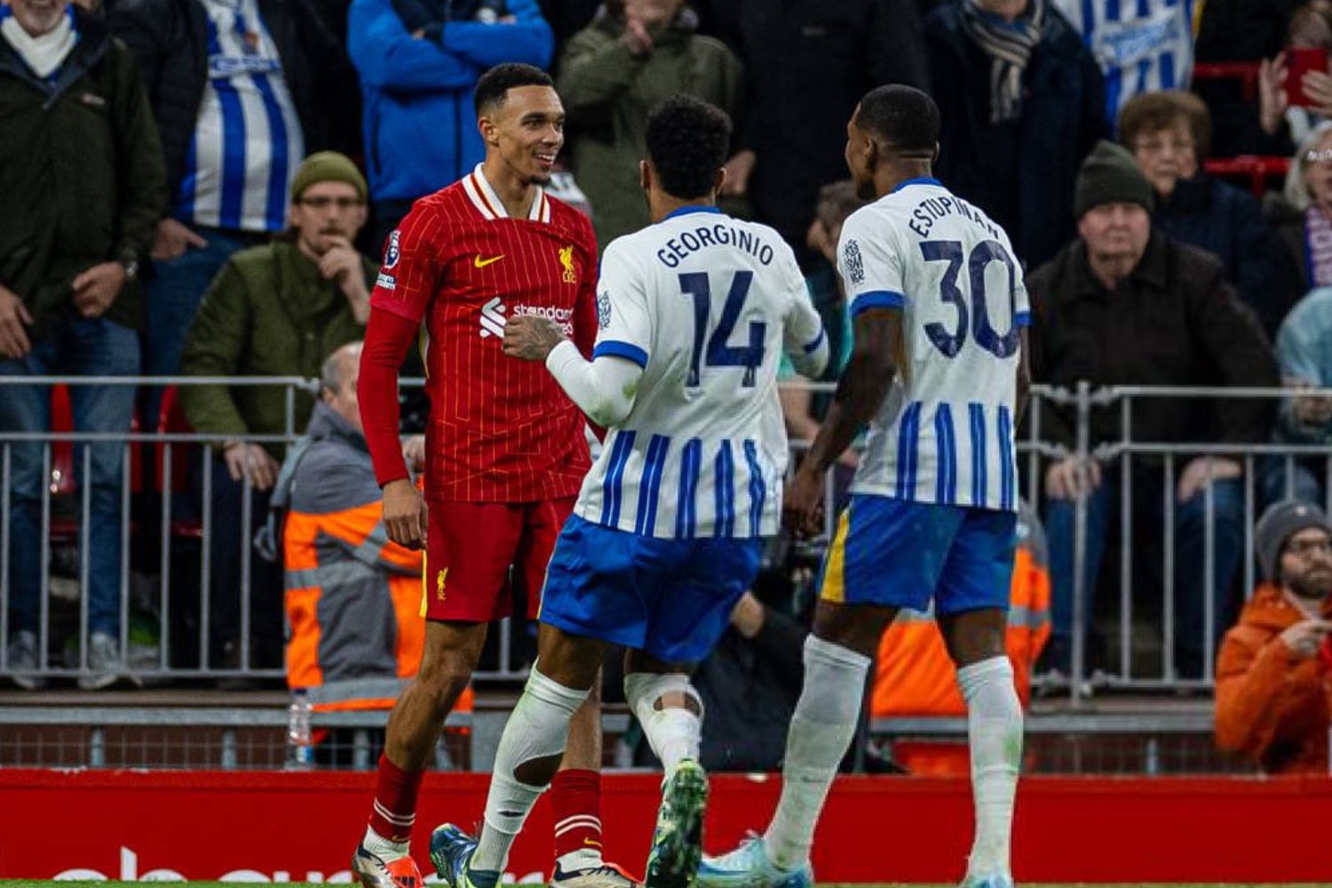Trent Alexander-Arnold and Pervis Estupinan clash
