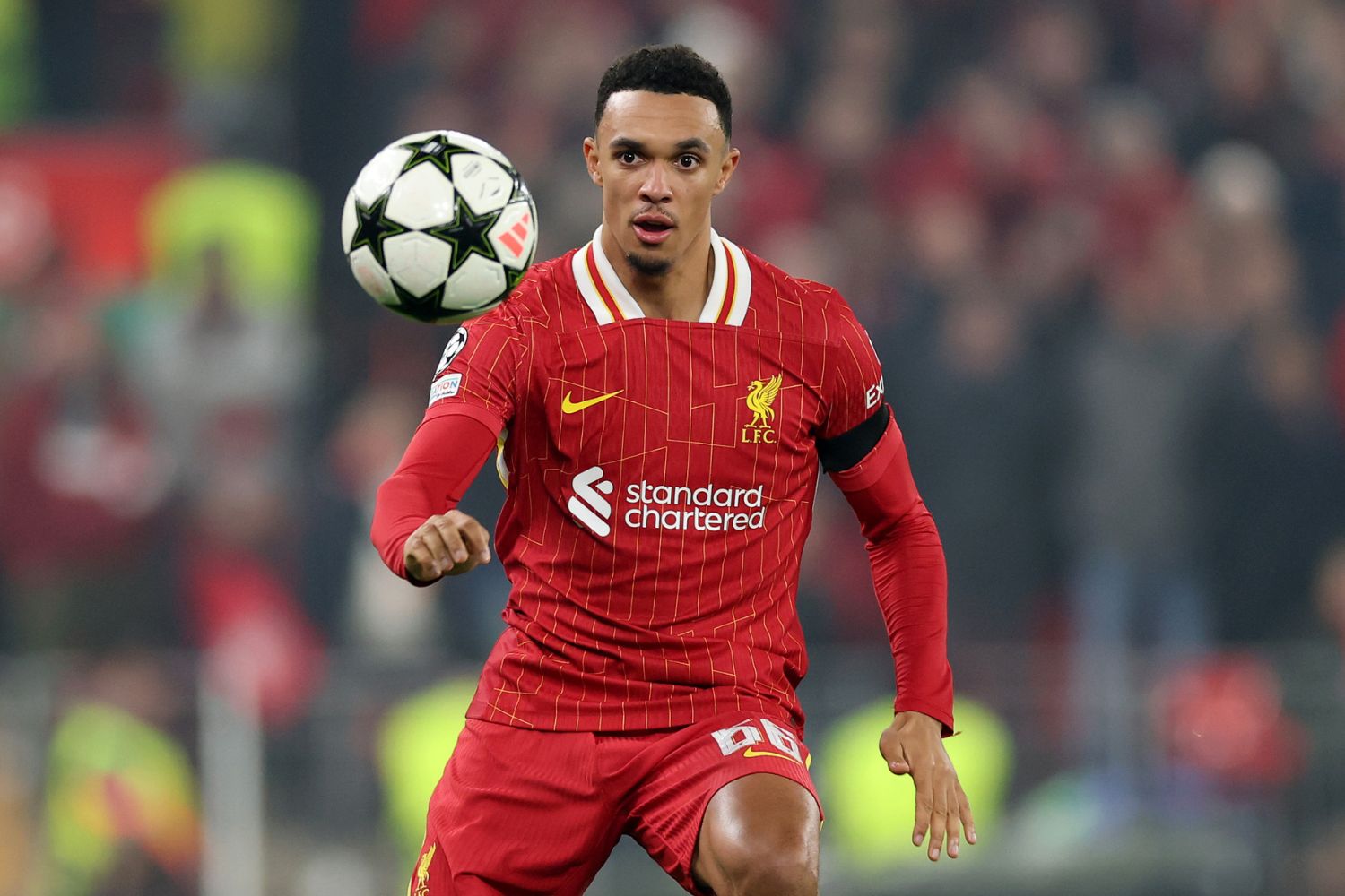 Trent Alexander-Arnold plays for Liverpool in the Champions League