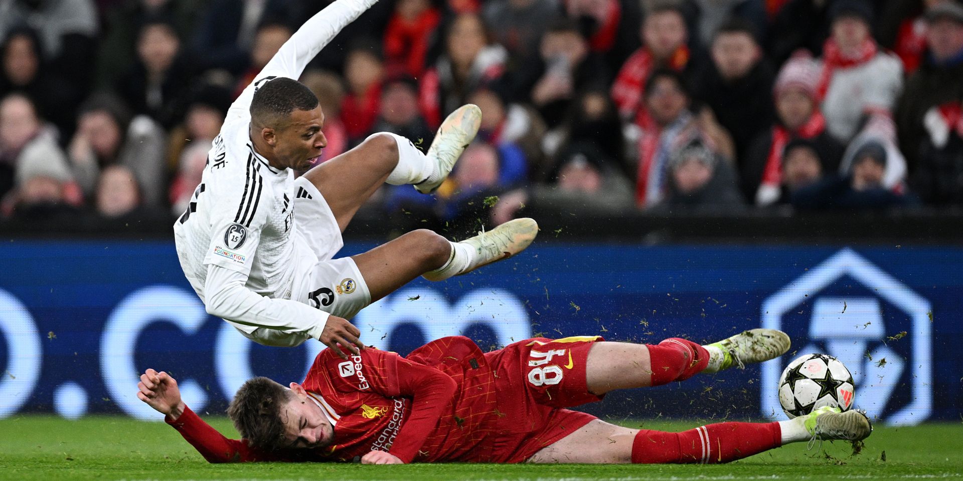 Conor Bradley floors Kylian Mbappe at Anfield