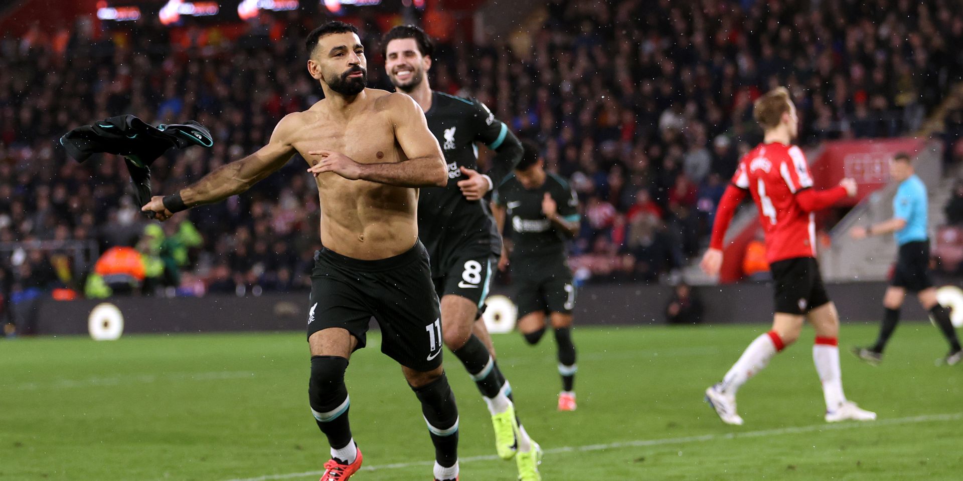 Mo Salah celebrates scoring against Southampton