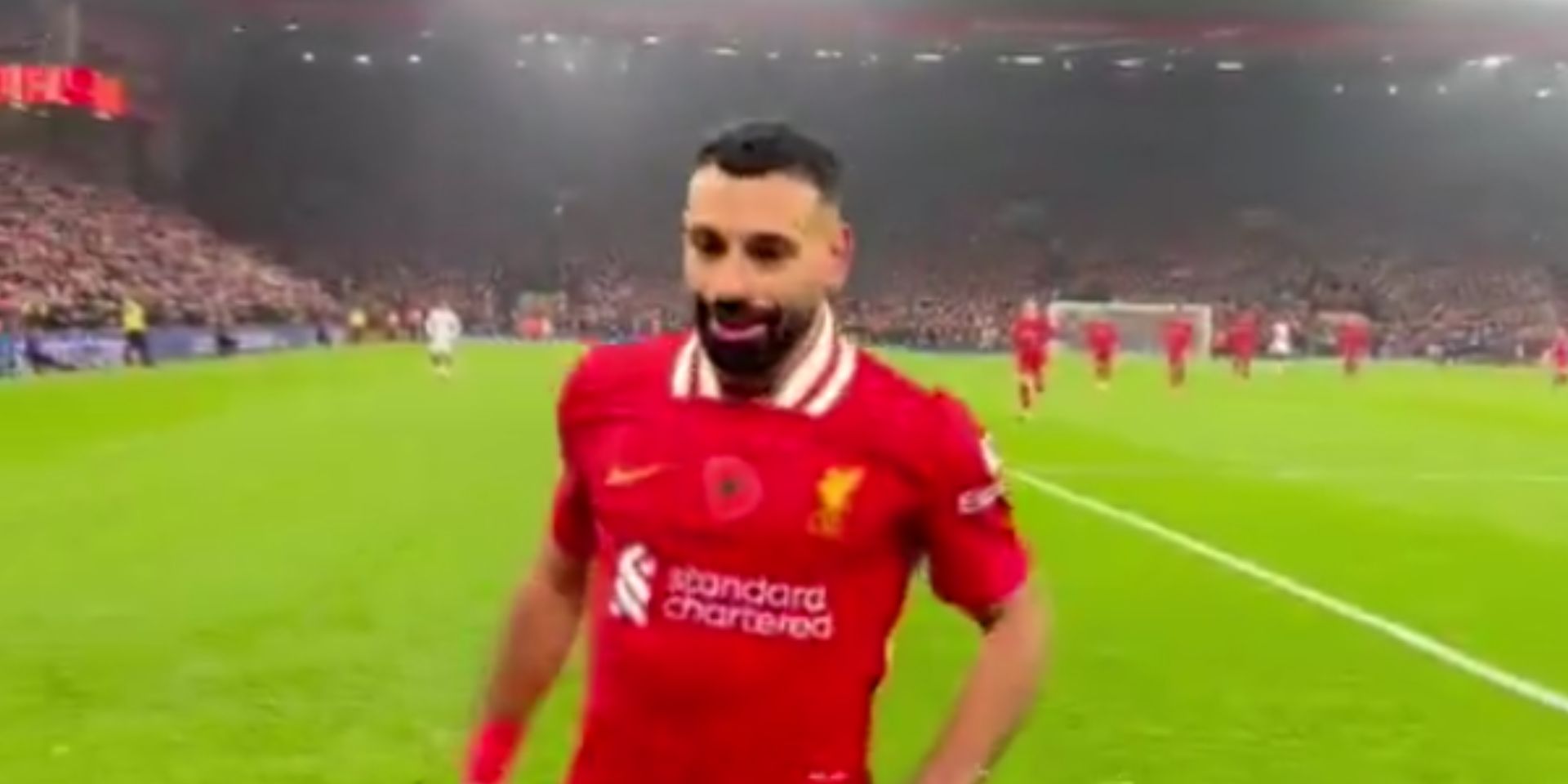 Mo Salah celebrates scoring against Aston Villa