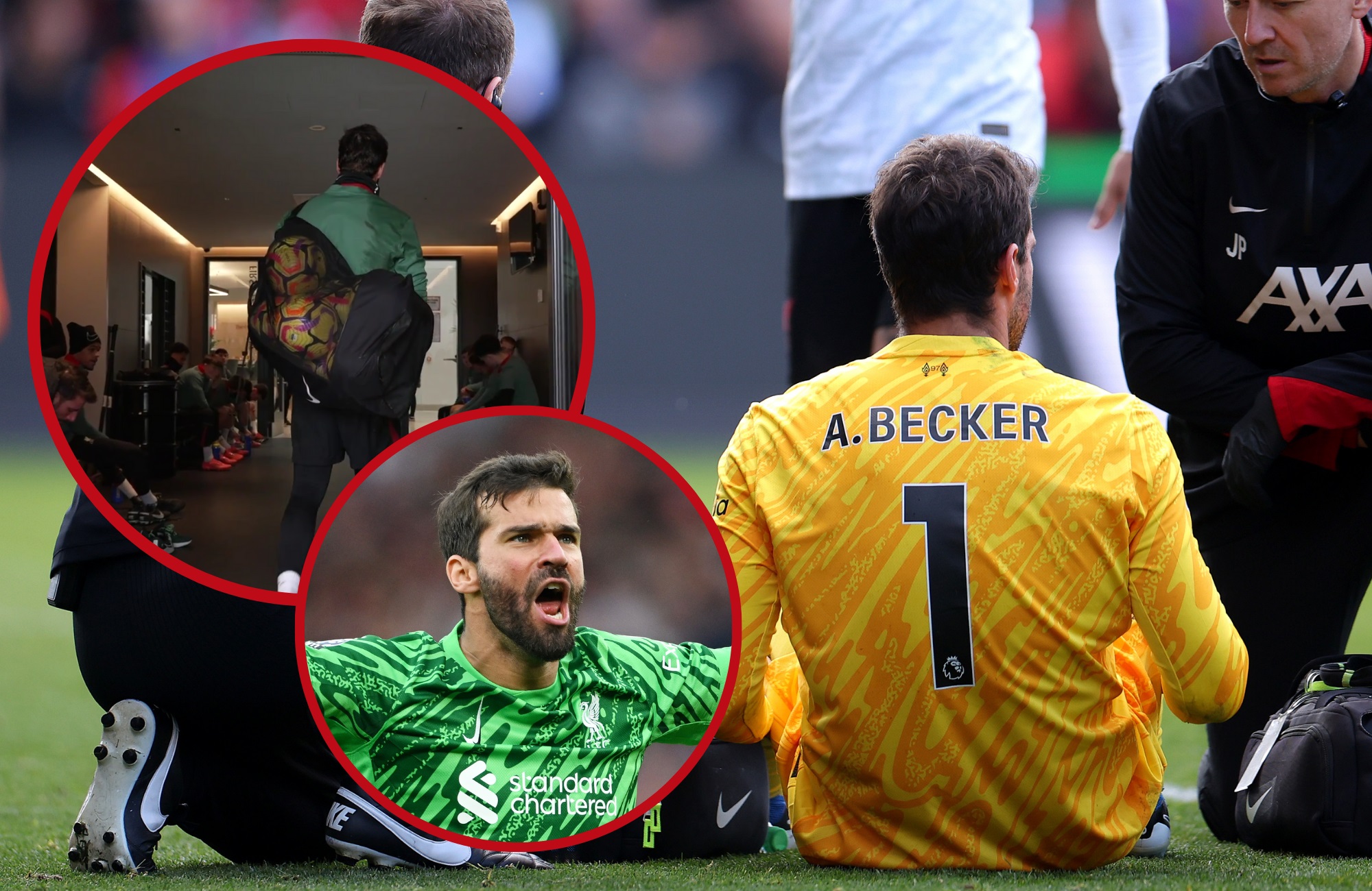 Liverpool goalkeeper of Alisson Becker receiving treatment.