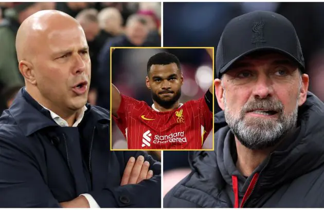 New Liverpool boss Arne Slot with Cody Gakpo and Jurgen Klopp.