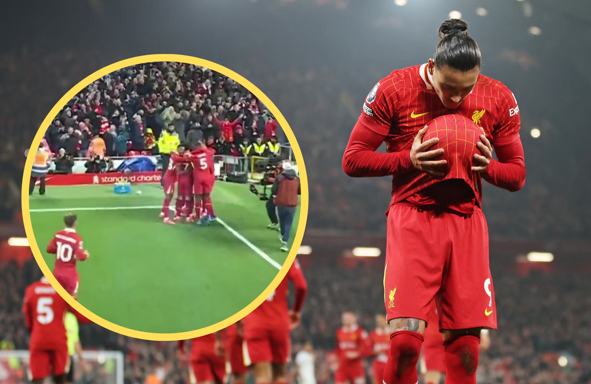 Darwin Nunez celebrates his Aston Villa goal at Anfield.