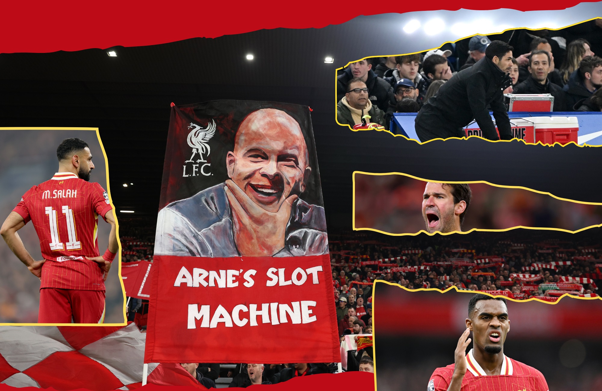 Arne Slot banner, Liverpool players and Mikel Arteta on show.