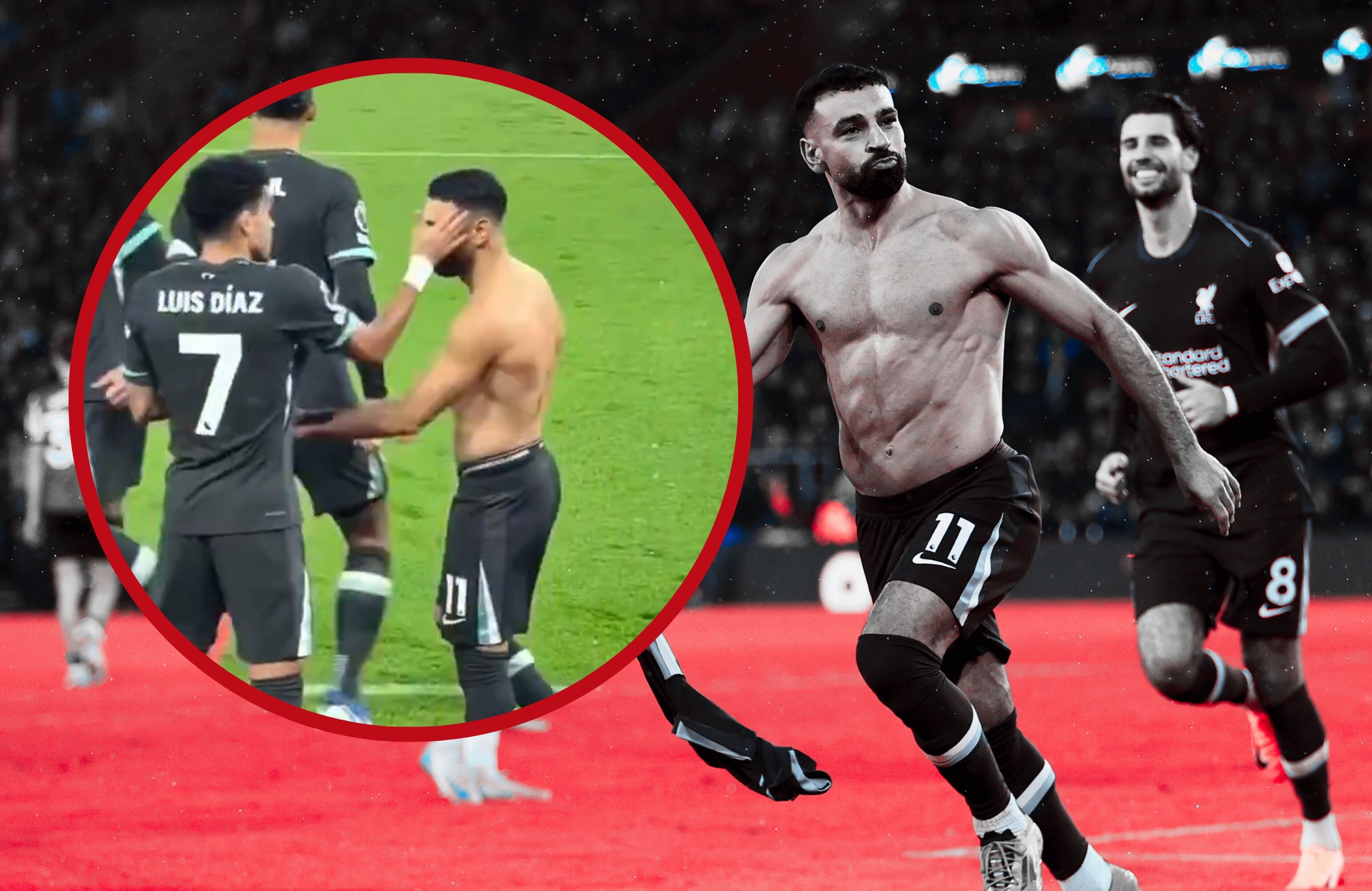 Luis Diaz celebrates with Mo Salah after winning goal against Southampton.
