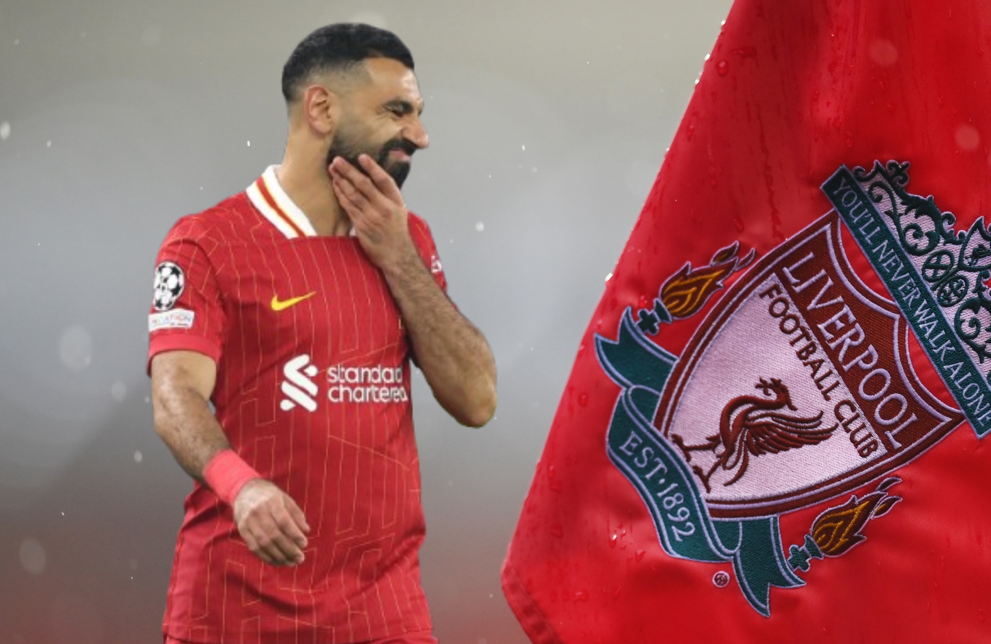 Mo Salah of Liverpool Football Club reacts during a Champions League game with Bayer Leverkusen.