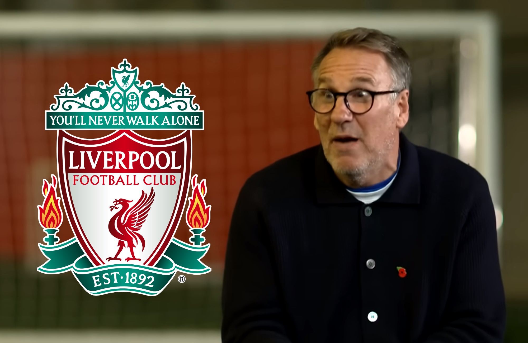 Former Premier League star Paul Merson and Liverpool F.C. crest.