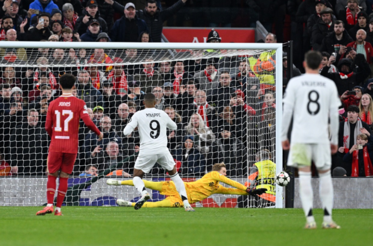 Caoimhin Kelleher saves Kylian Mbappe's penalty