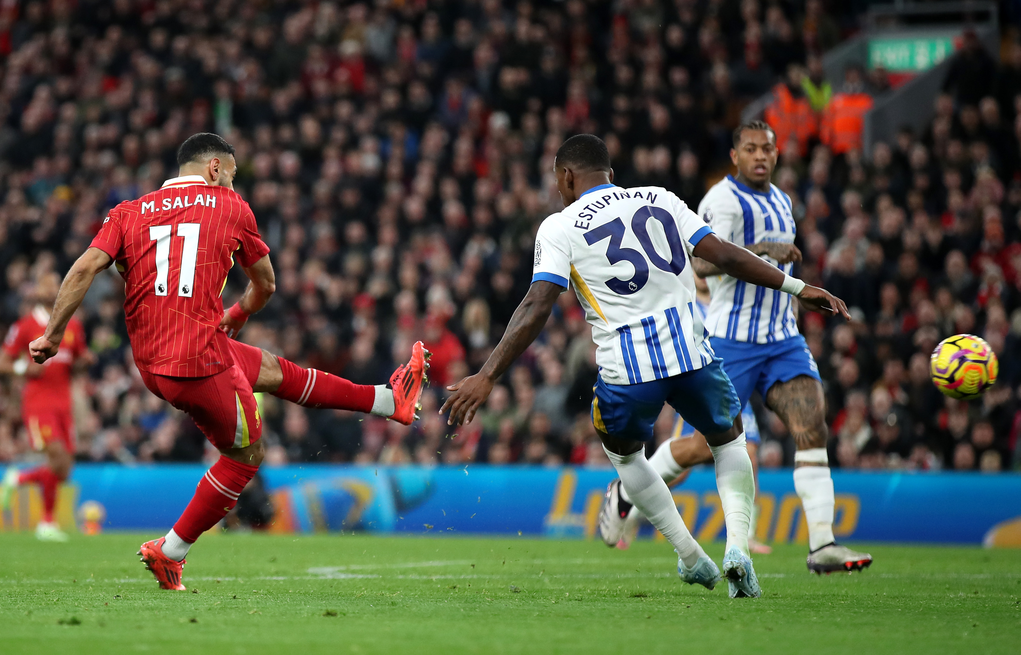 Mo Salah scores Liverpool's winning goal against Brighton on Saturday