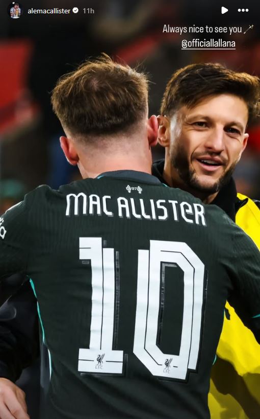 Alexis Mac Allister shares Adam Lallana image on Instagram