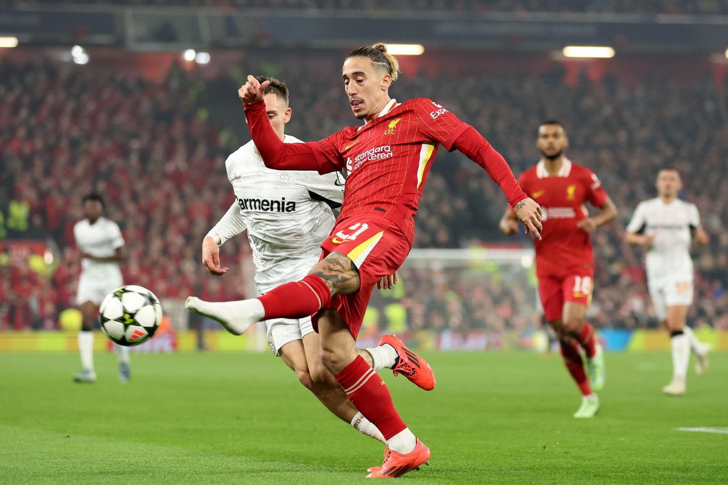 Kostas Tsimikas plays against Bayer Leverkusen