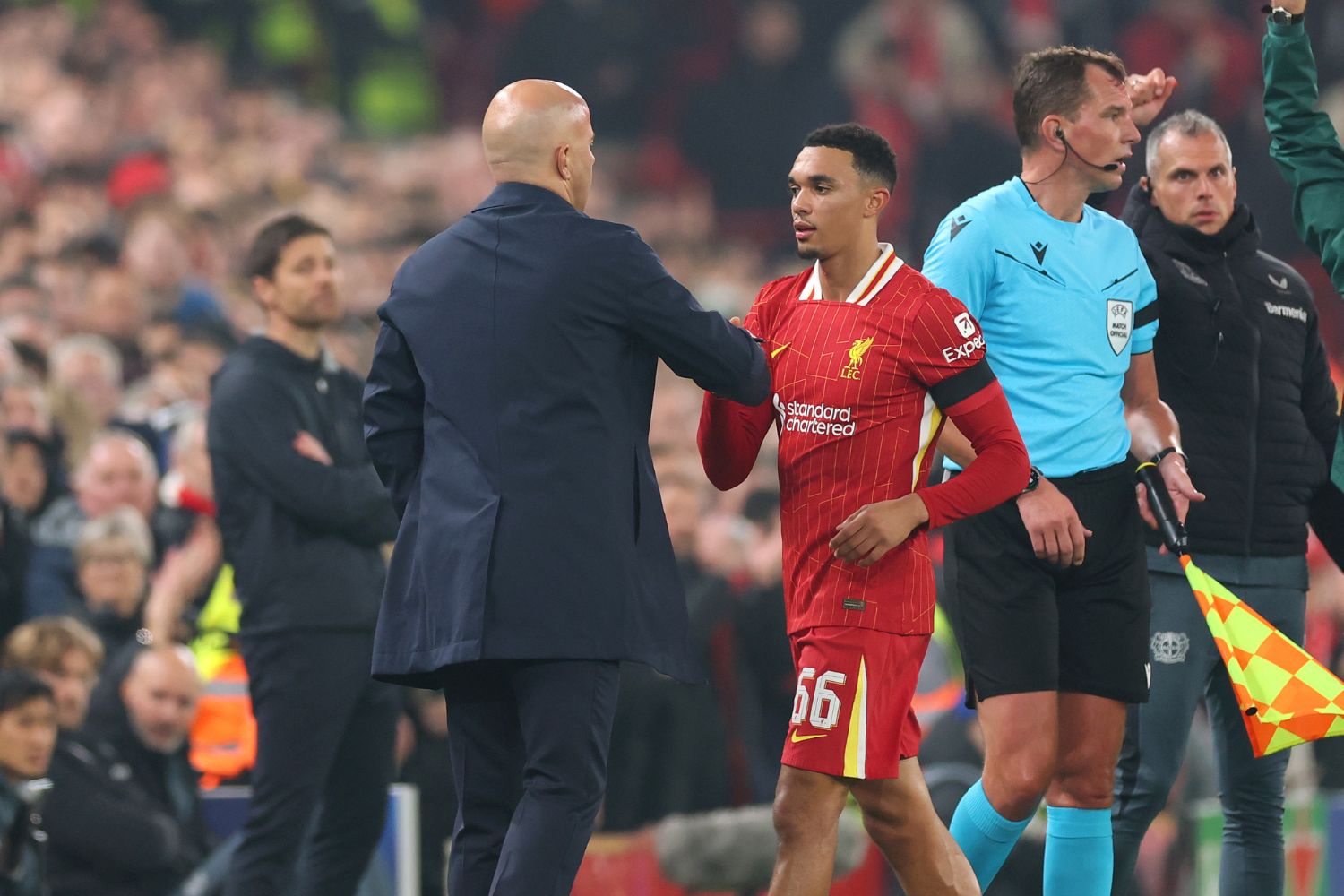 Trent Alexander-Arnold and Arne Slot at Anfield