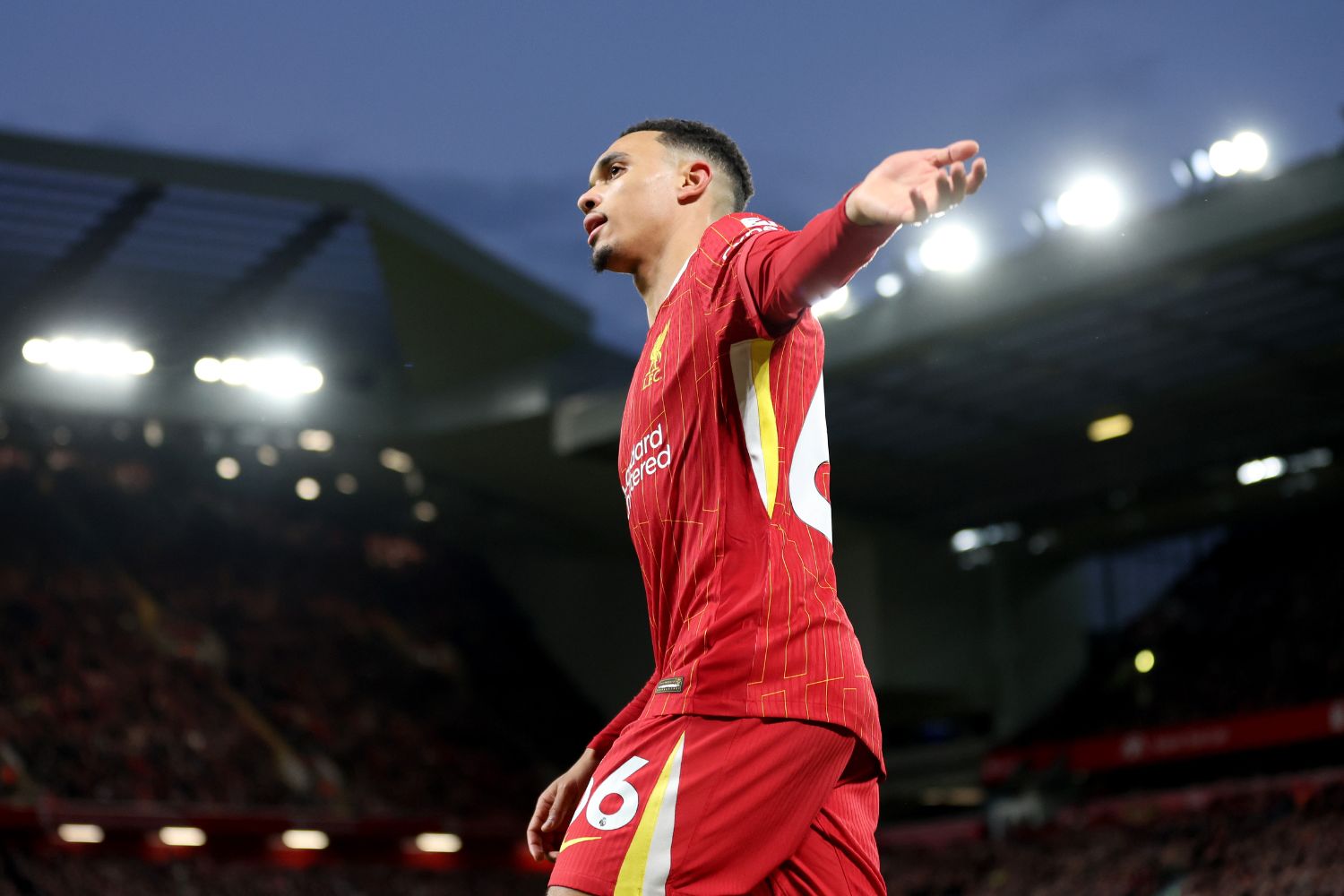 Trent Alexander-Arnold celebrates Liverpool's win over Man City