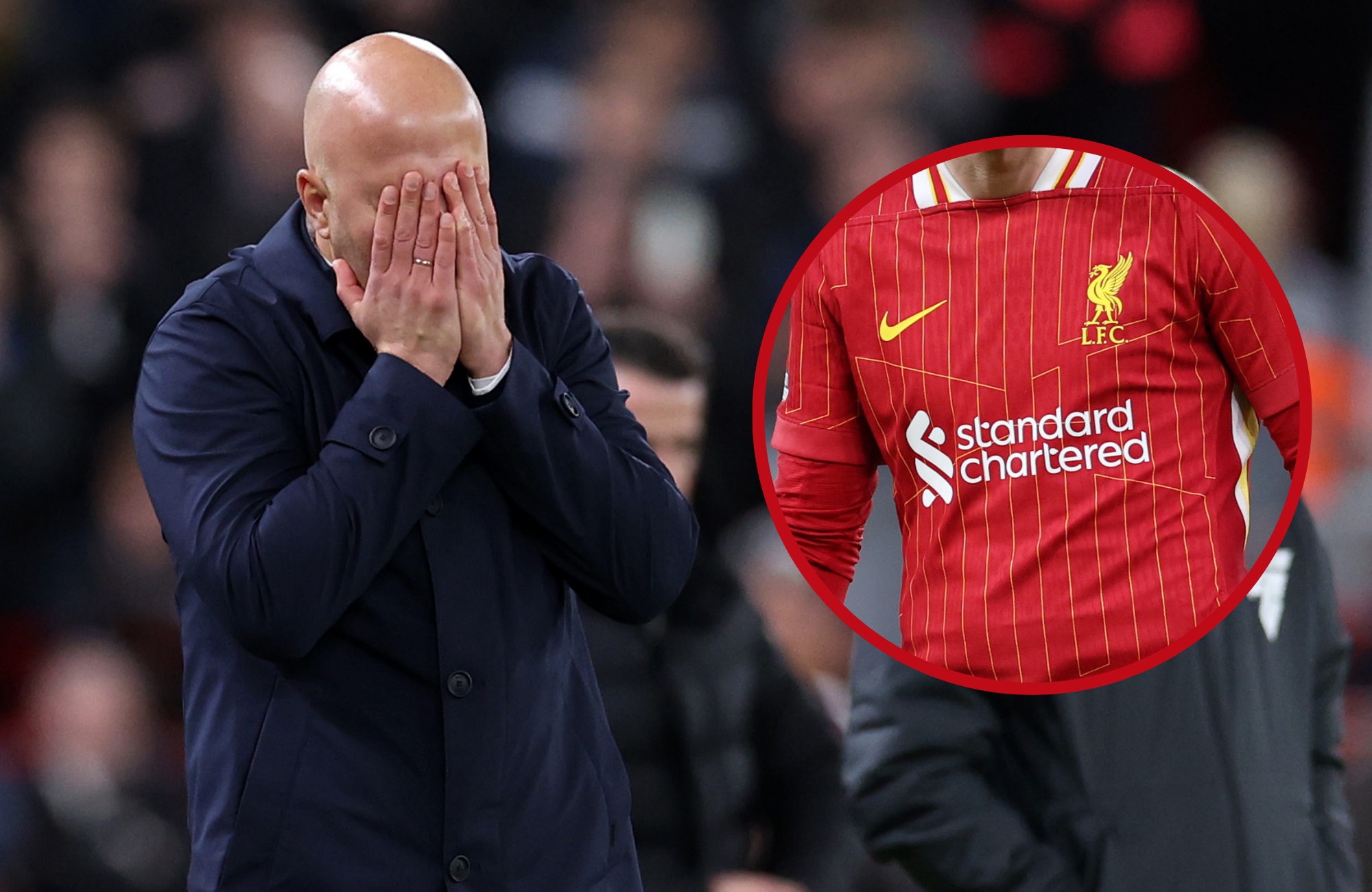 Arne Slot covers his face with his hands and a Liverpool shirt hangs.