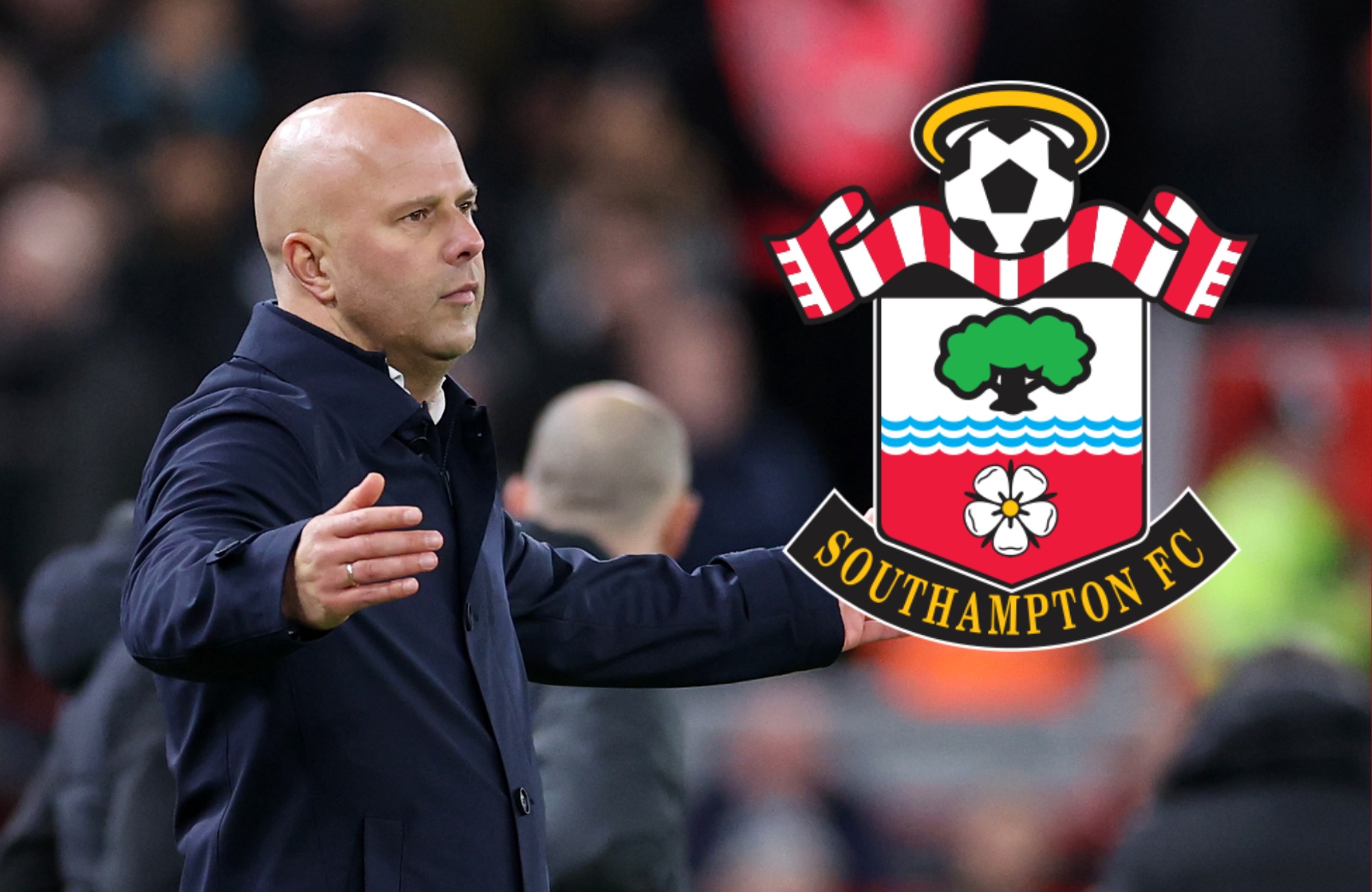 Arne Slot raises his arms in front of a Southampton club badge.