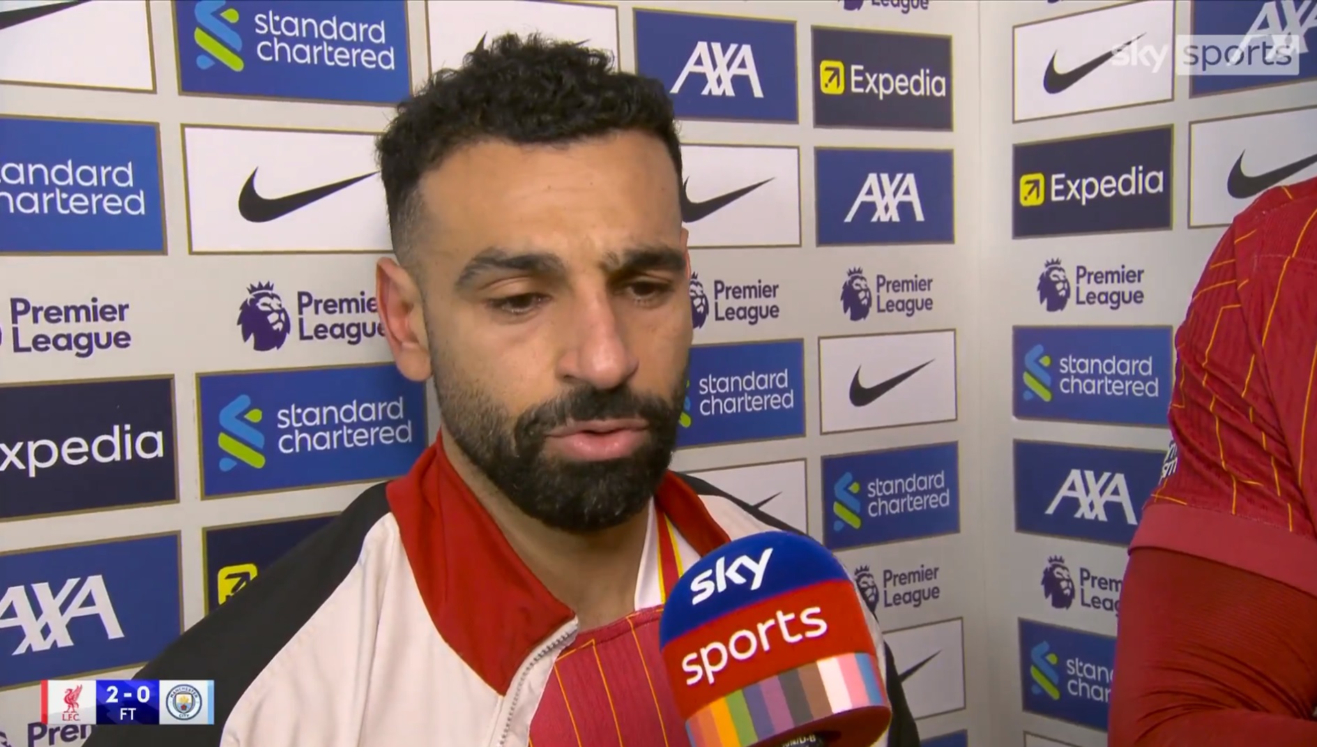Mo Salah speaks to reporters after Liverpool beat Man City at Anfield.