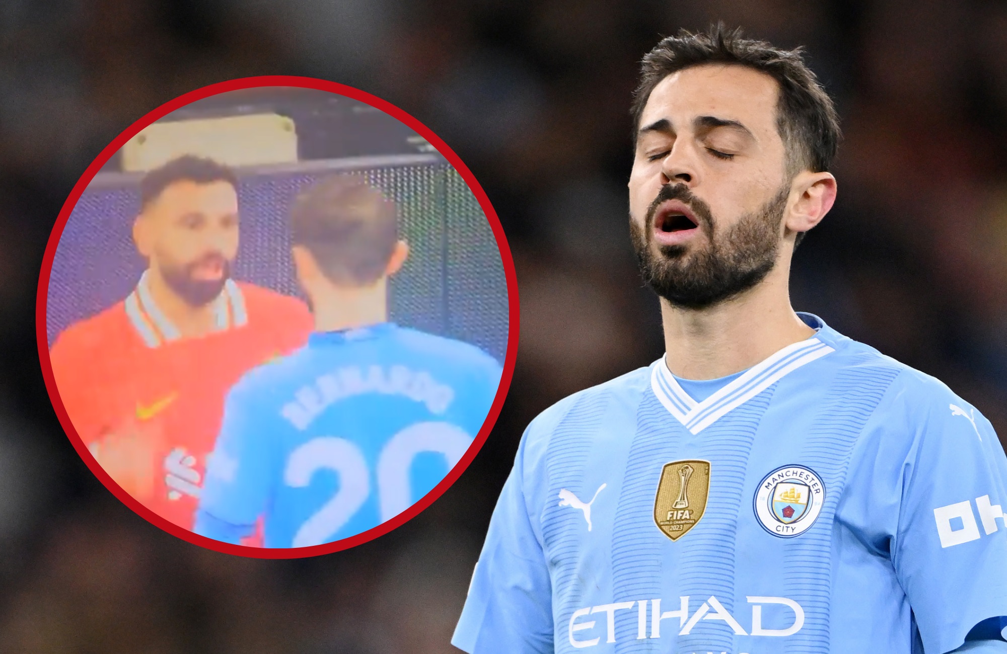 Mo Salah and Bernardo Silva argue during Liverpool v Man City.