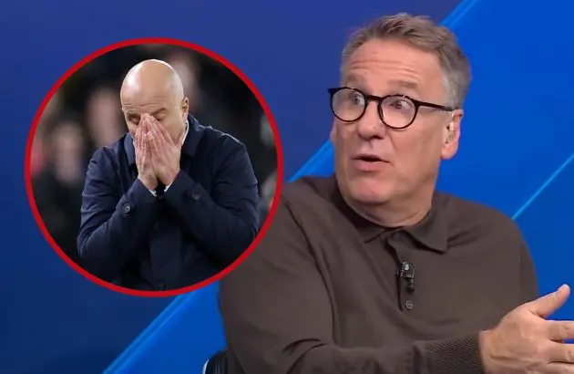 Paul Merson looks concerned looking at a picture of Arne Slot.