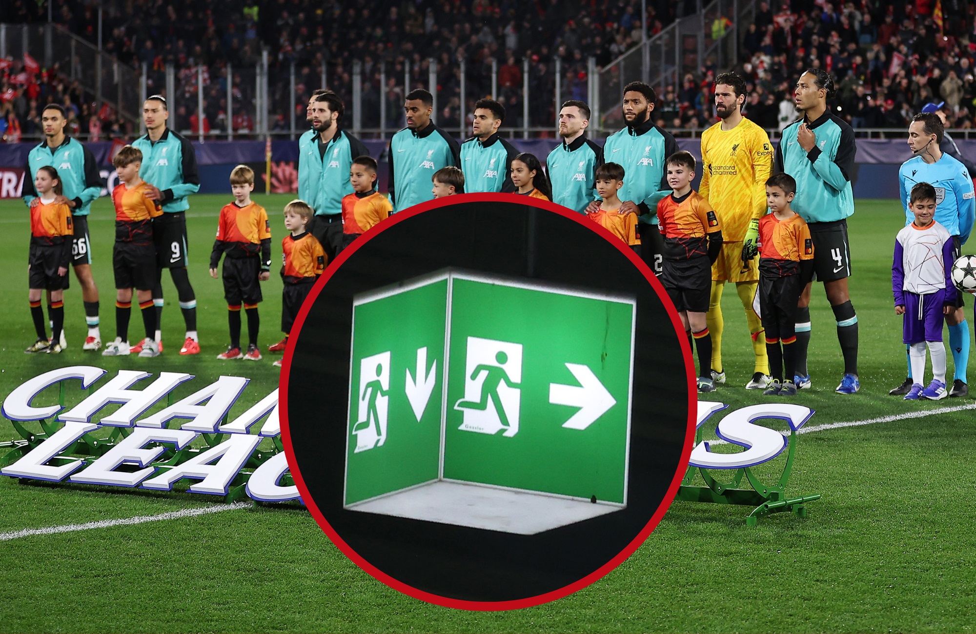 Alisson Becker and Liverpool teammates stand ahead of the Champions League anthem.