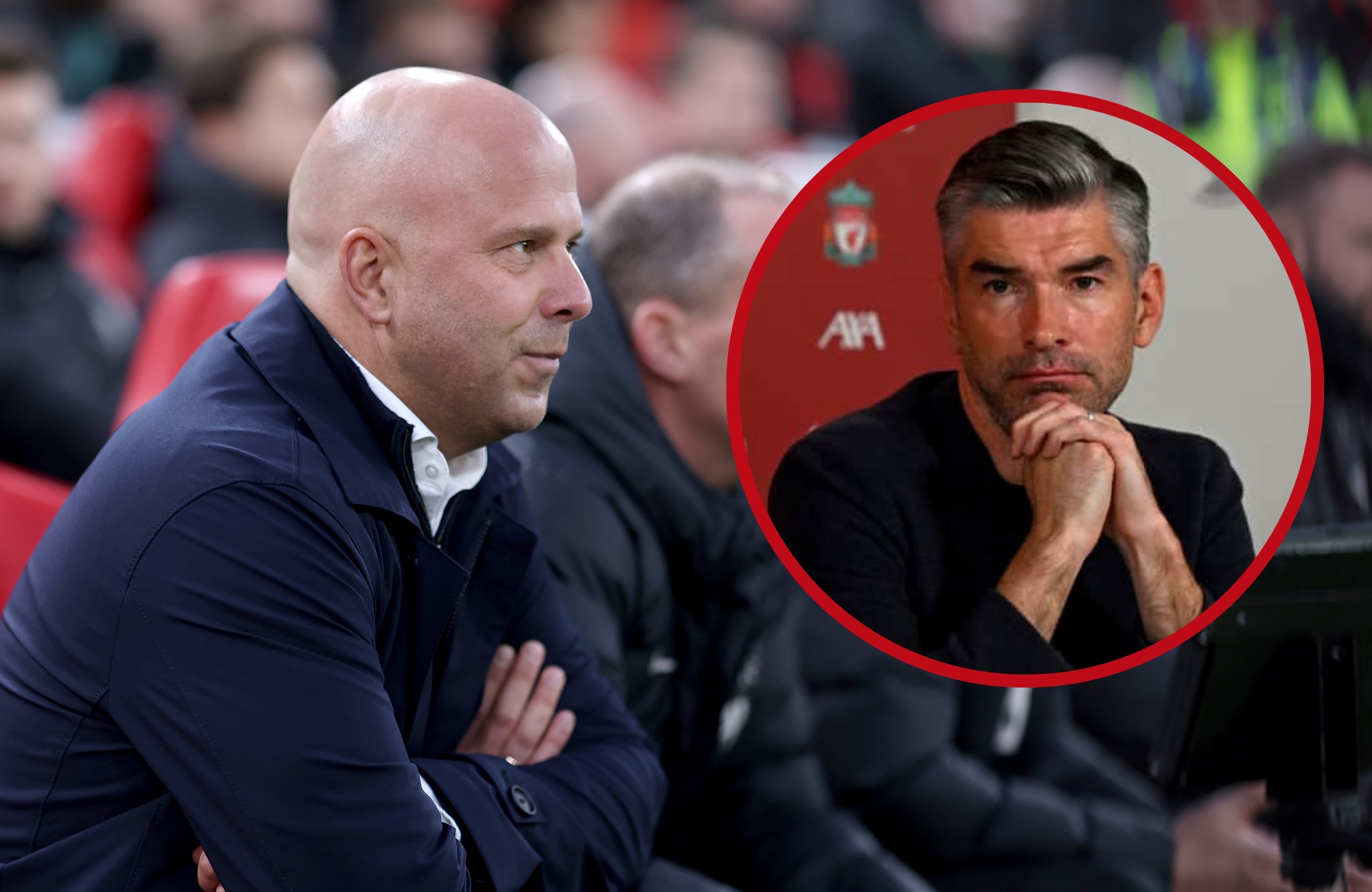 Arne Slot looks on from the Liverpool bench at sporting director Richard Hughes.