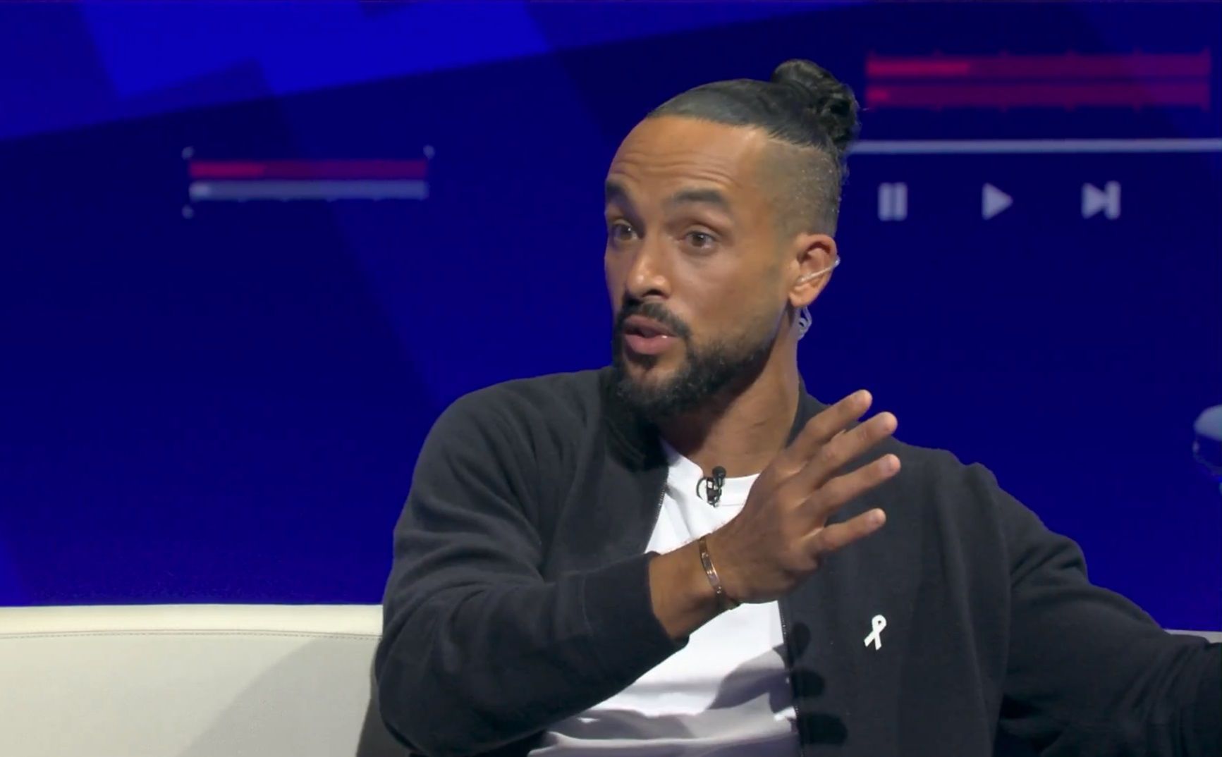 Theo Walcott gestures with his hands during a Sky Sports show.