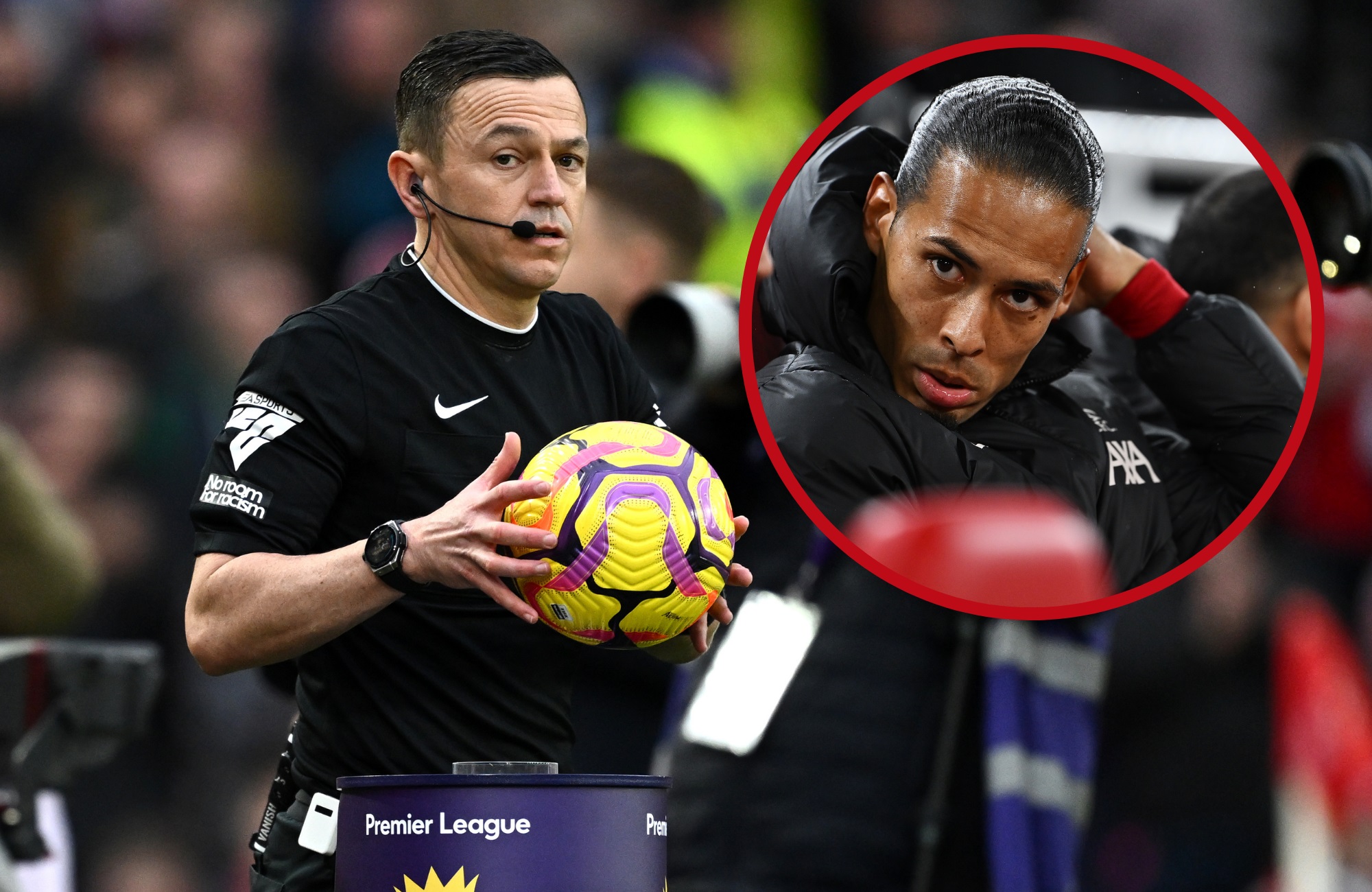 Tony Harrington picks up a Premier League ball as Virgil van Dijk watches on.