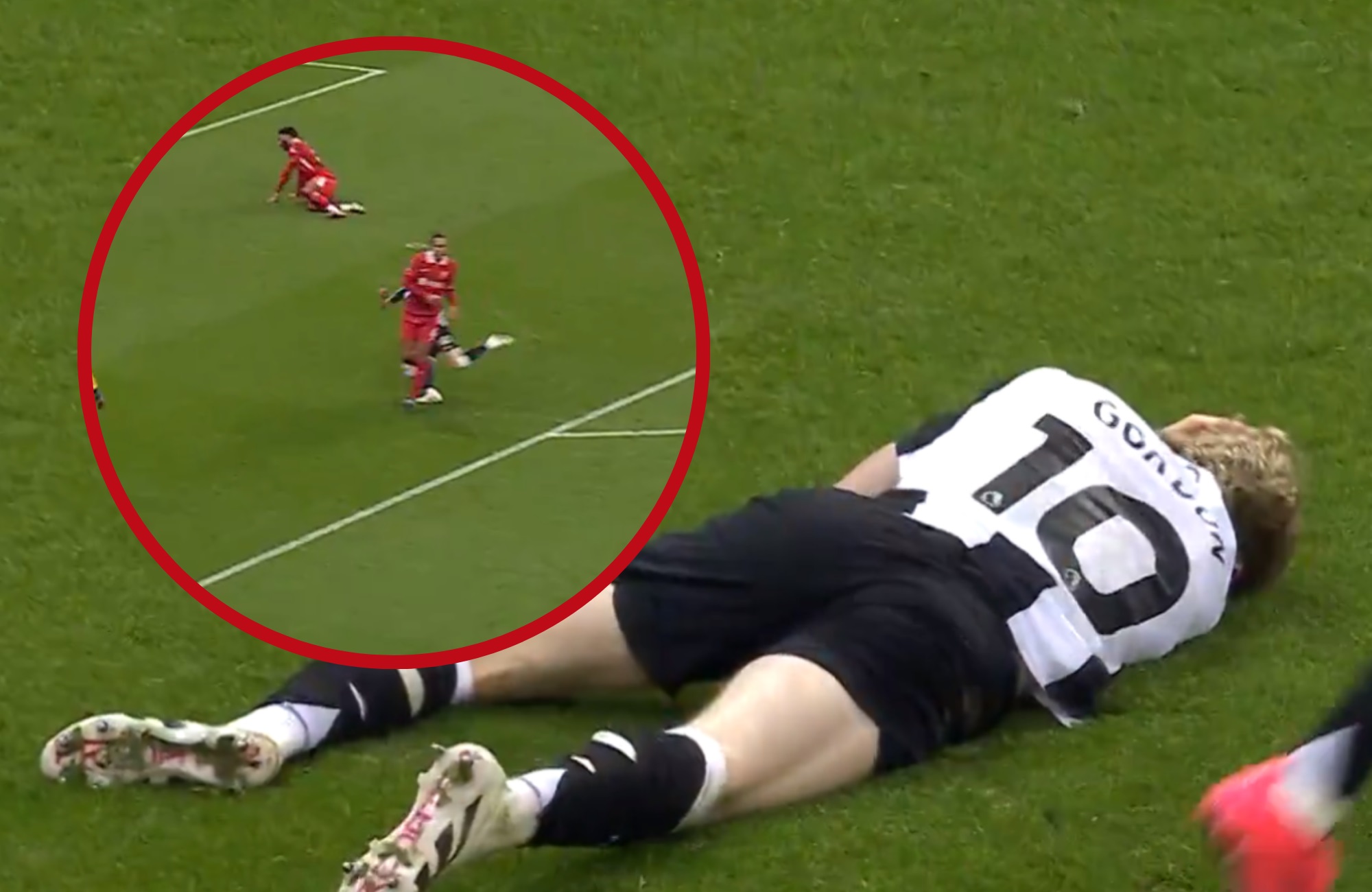Anthony Gordon left in a heap on the floor by Virgil van Dijk.