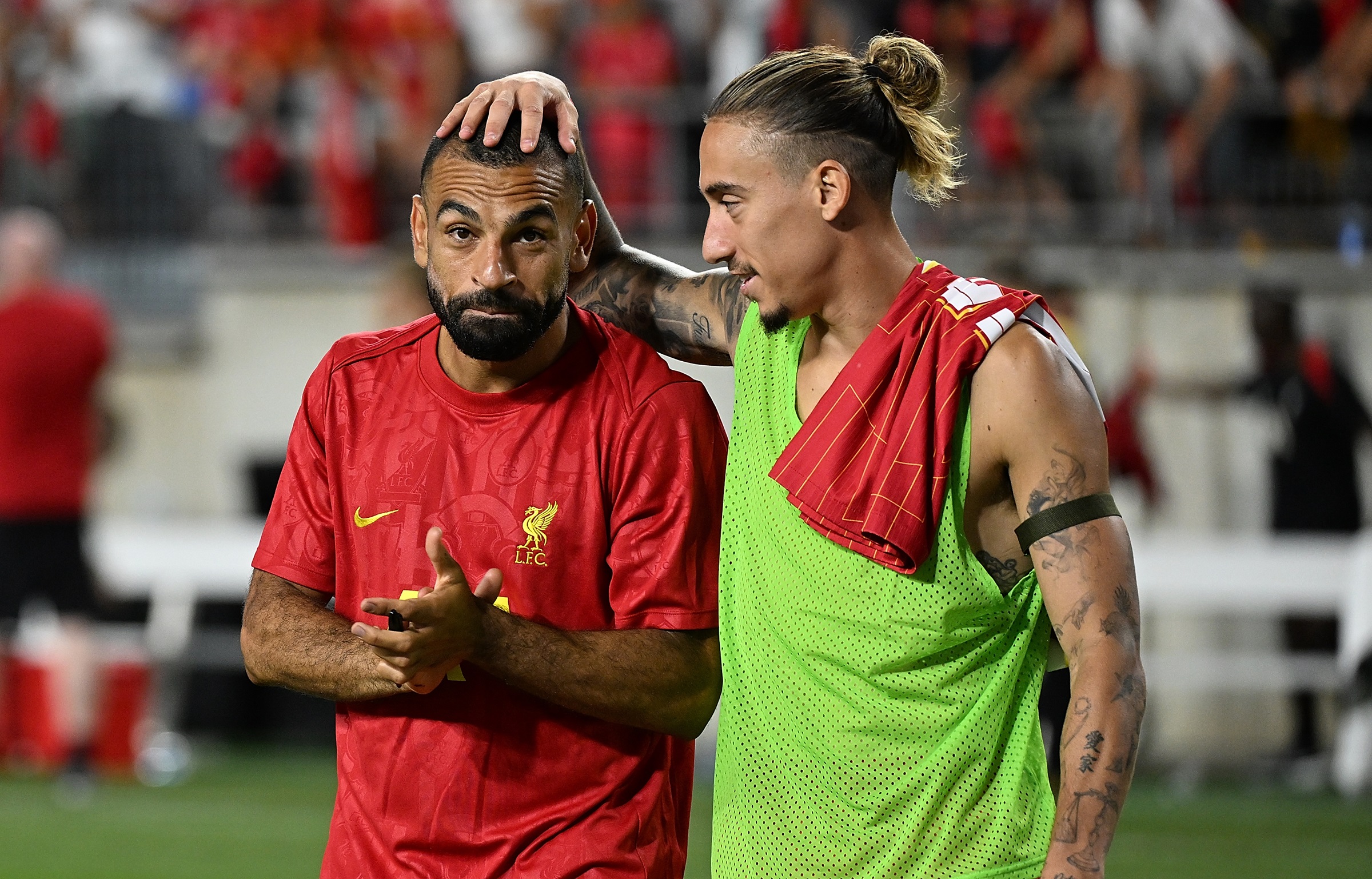 Mo Salah and Kostas Tsimikas during Liverpool's pre-season.
