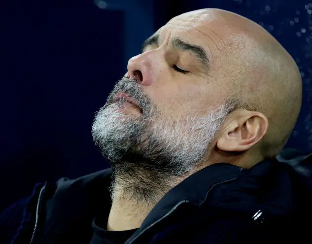 Pep Guardiola looks frustrated during Manchester City v Manchester United at the Etihad Stadium.