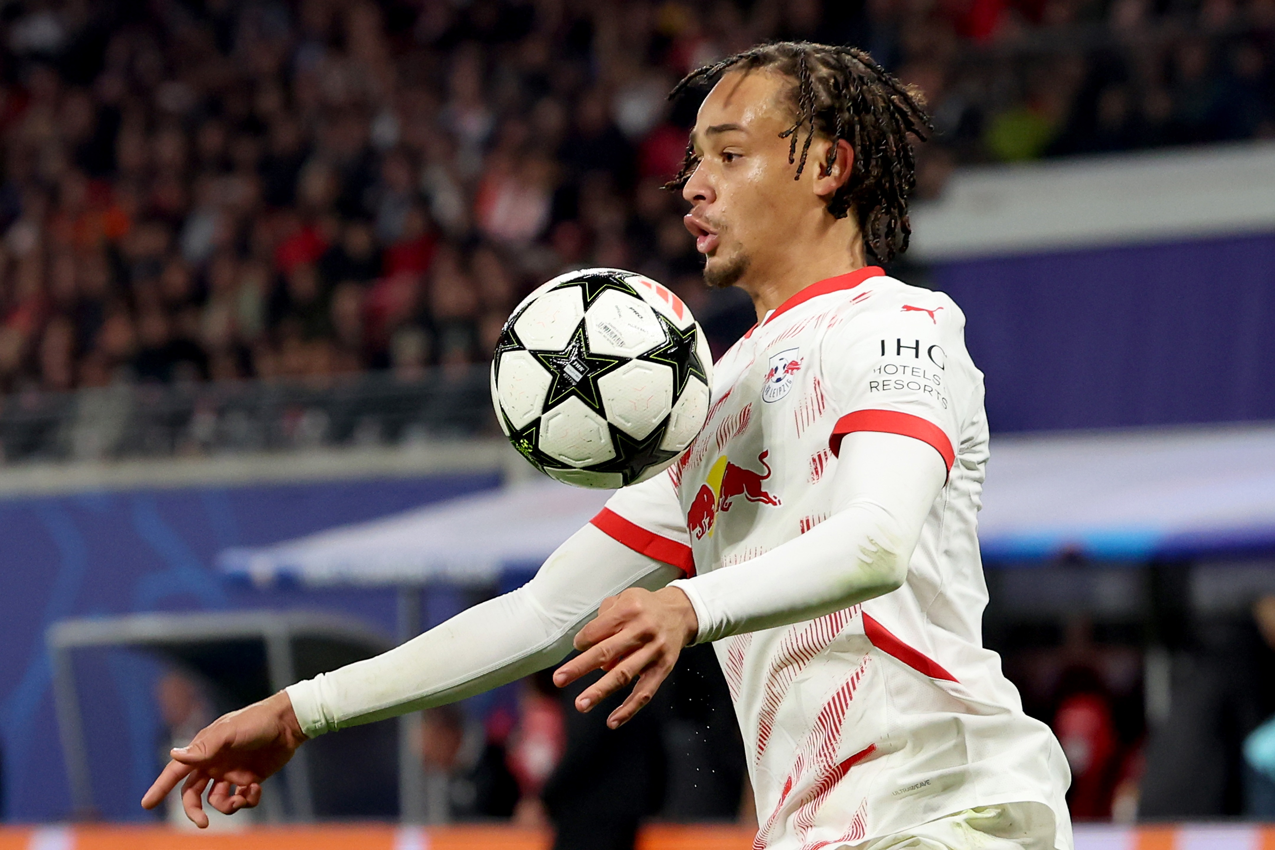 Reported Liverpool transfer target Xavi Simons controls the ball during RB Leipzig game.