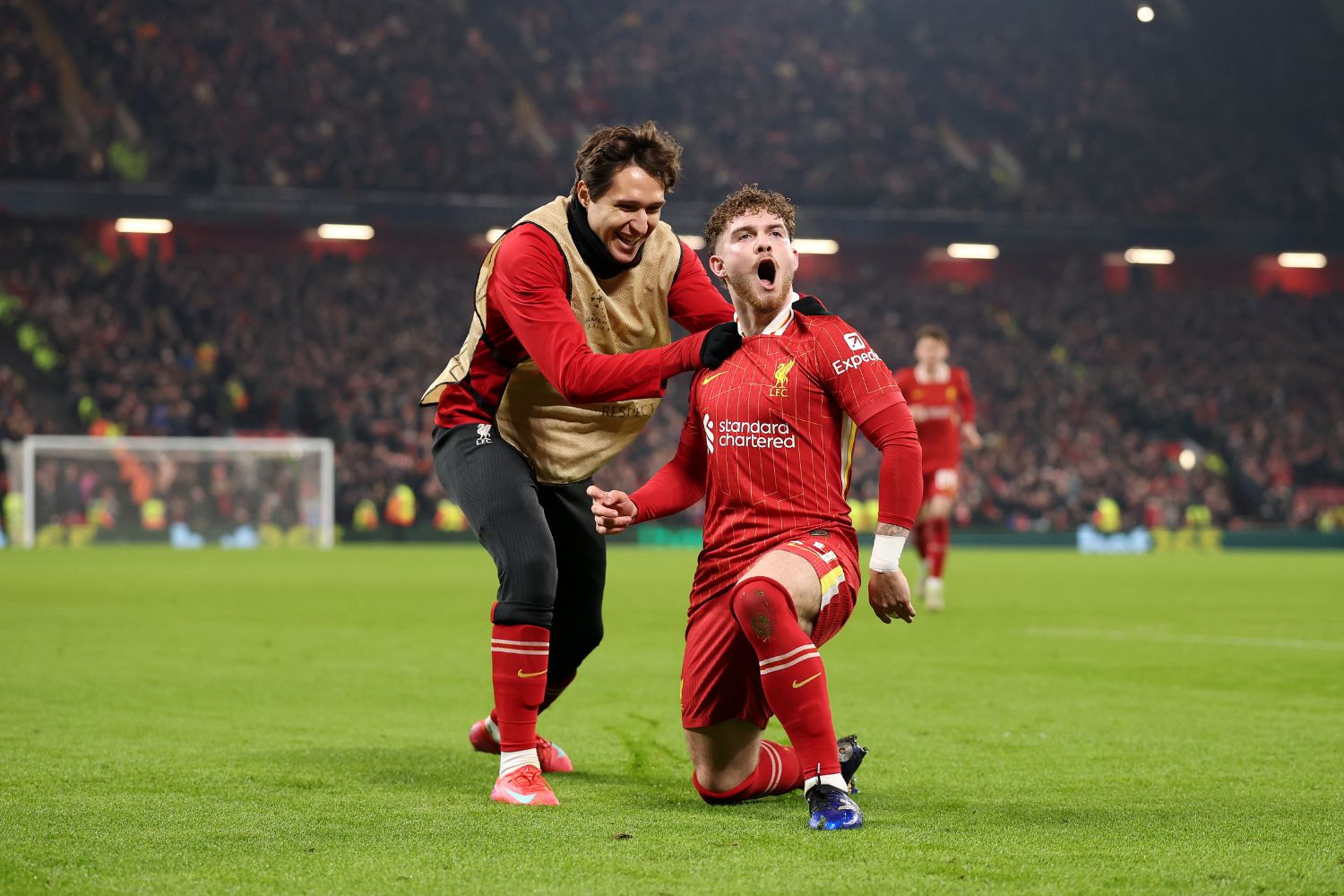 Harvey Elliott and Federico Chiesa celebrate against Lille