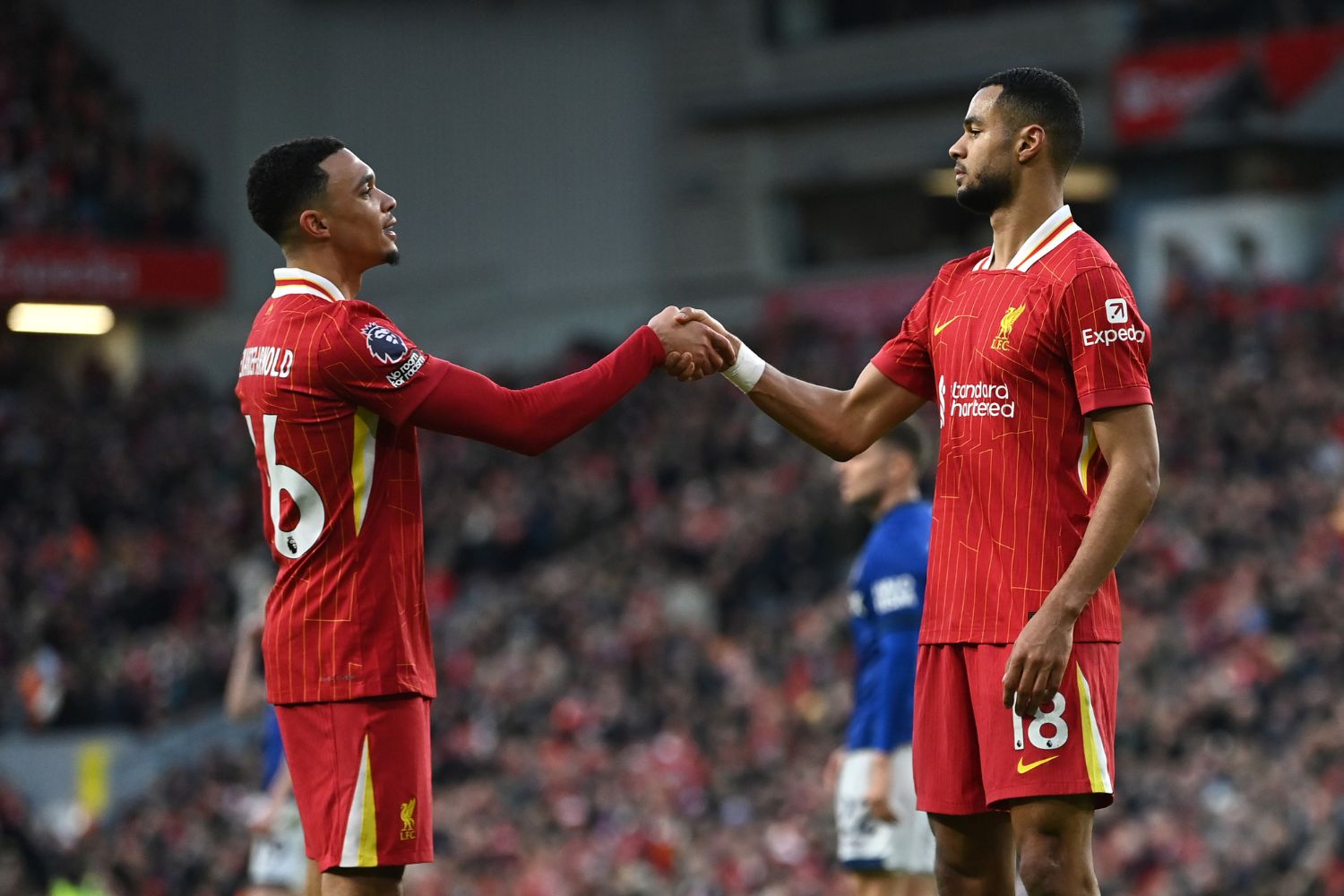 Trent Alexander-Arnold and Cody Gakpo after scoring against Ipswich