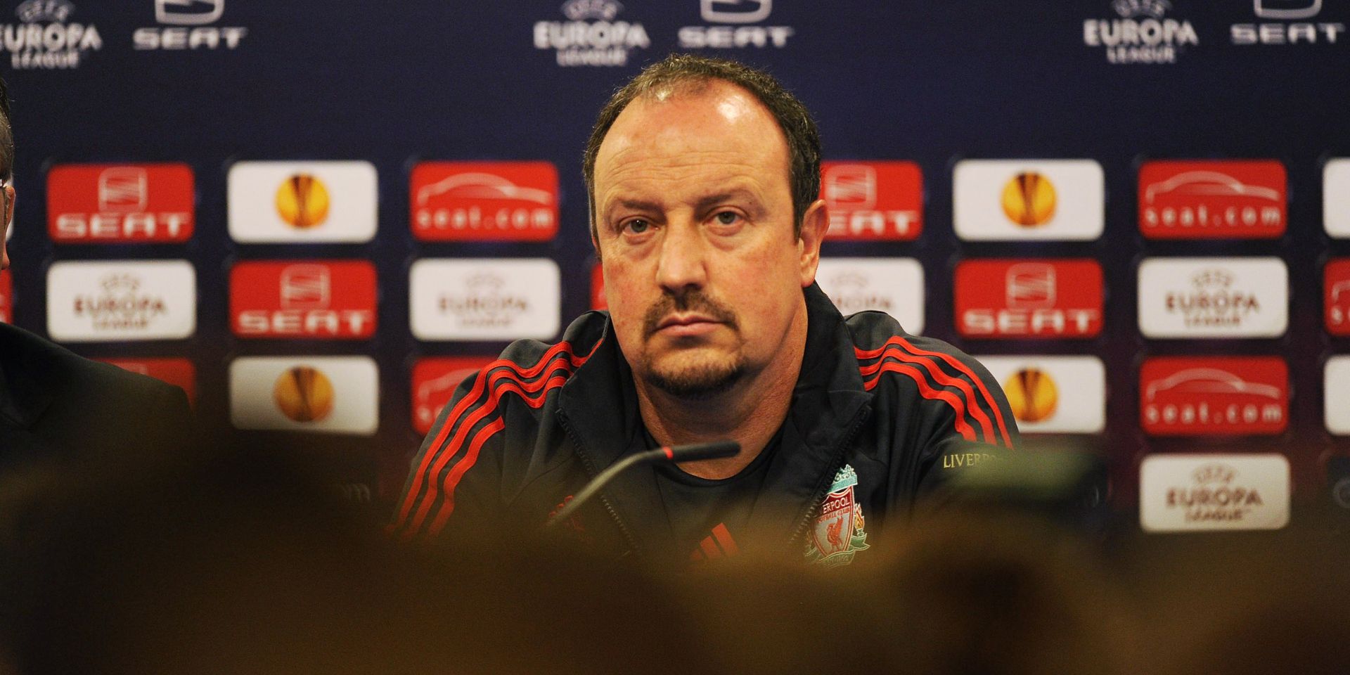 Rafa Benitez during a press conference as Liverpool manager in 2010