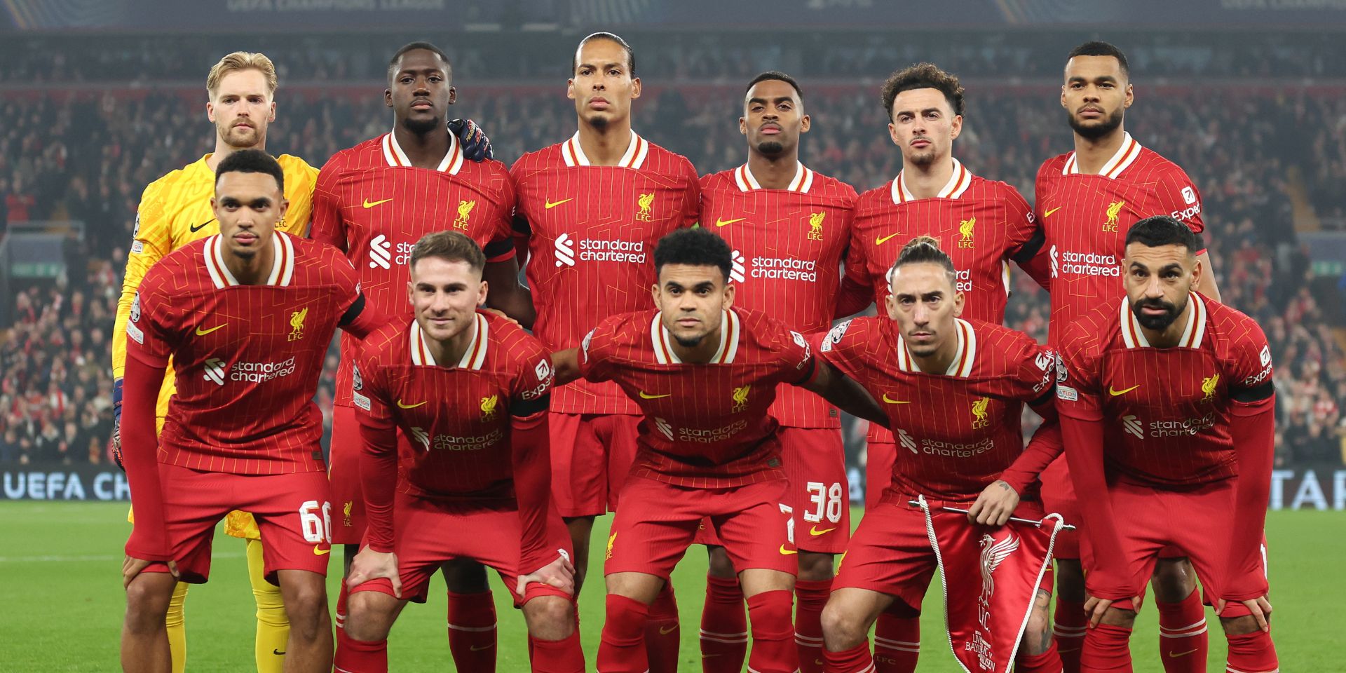 The Liverpool squad line up against Leverkusen in the Champions League